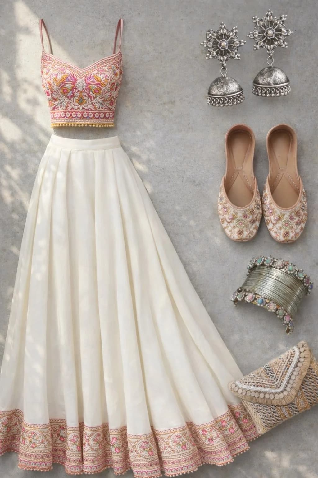 Flat-lay upload — ivory lehenga set with embroidered bodice, juttis, jhumkas, bangles and clutch