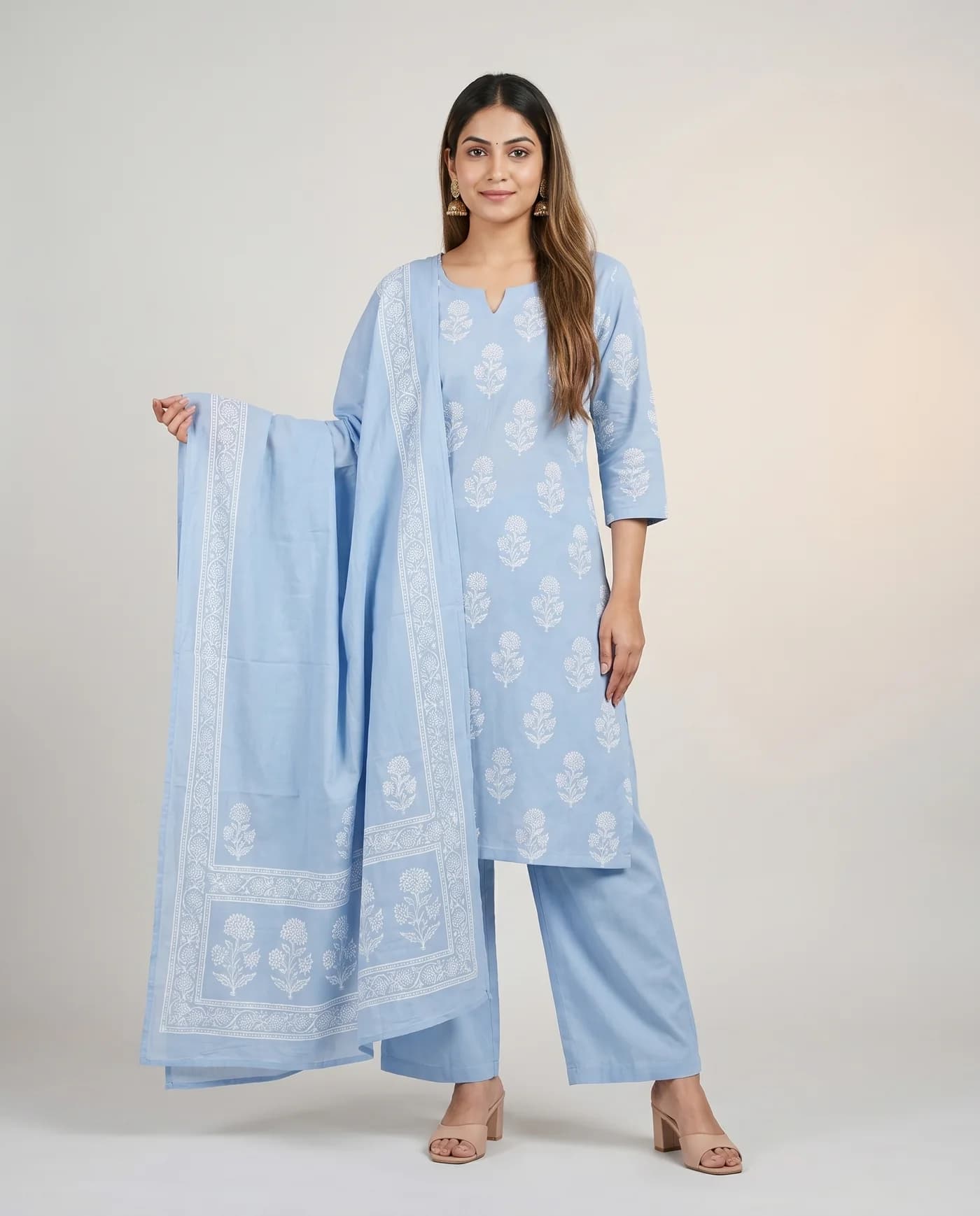 On-model output for Block-print kurta set