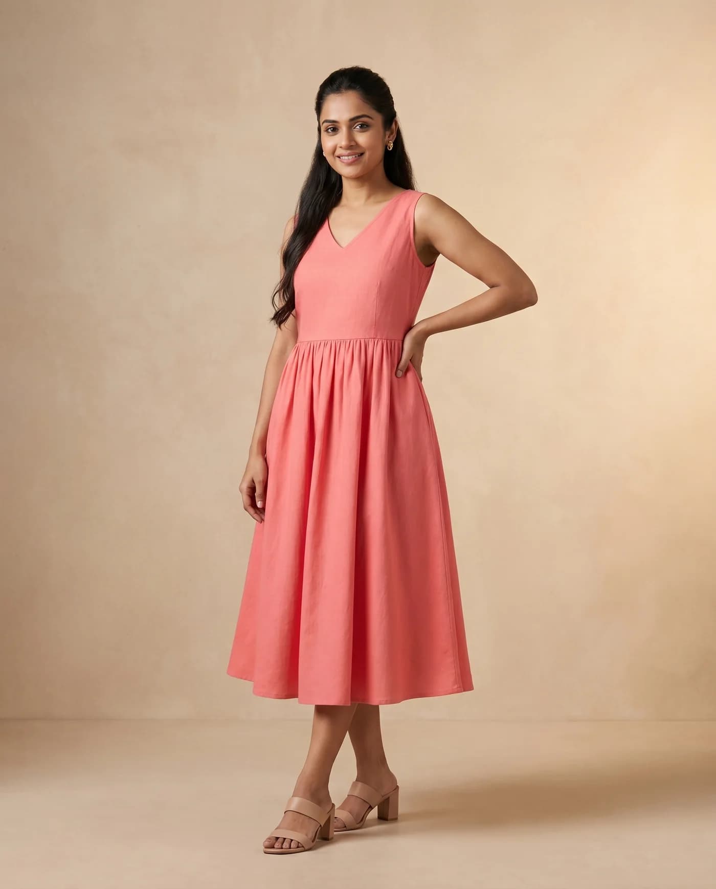 On-model output for A-line midi dress