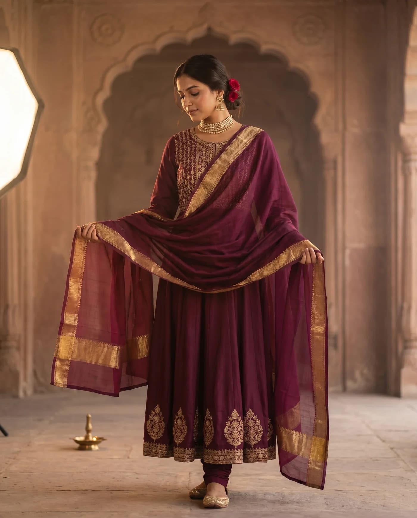 On-model output for Wine anarkali with churidar
