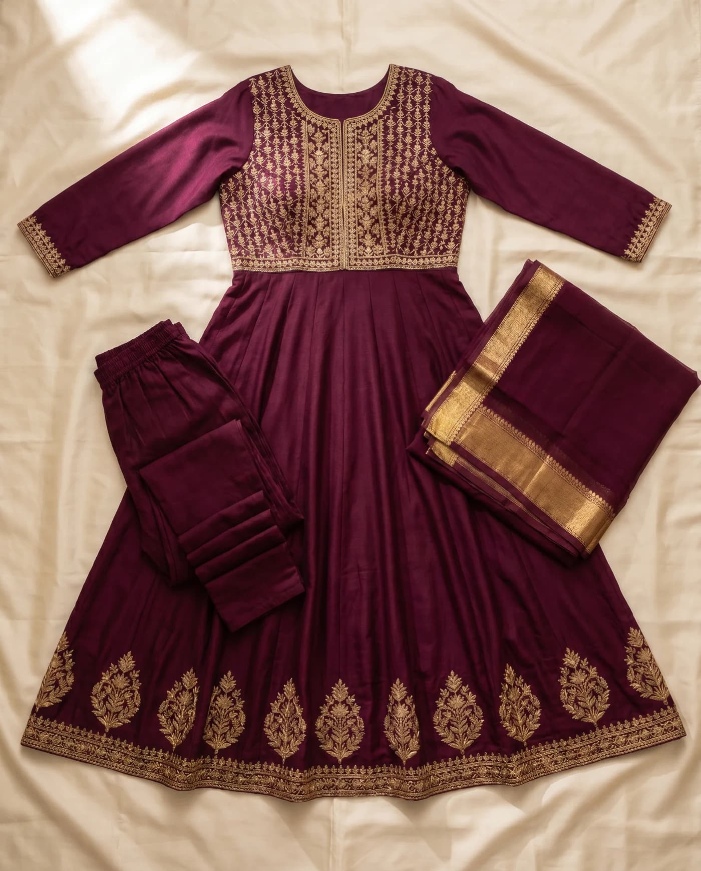 Flat-lay input for Wine anarkali with churidar