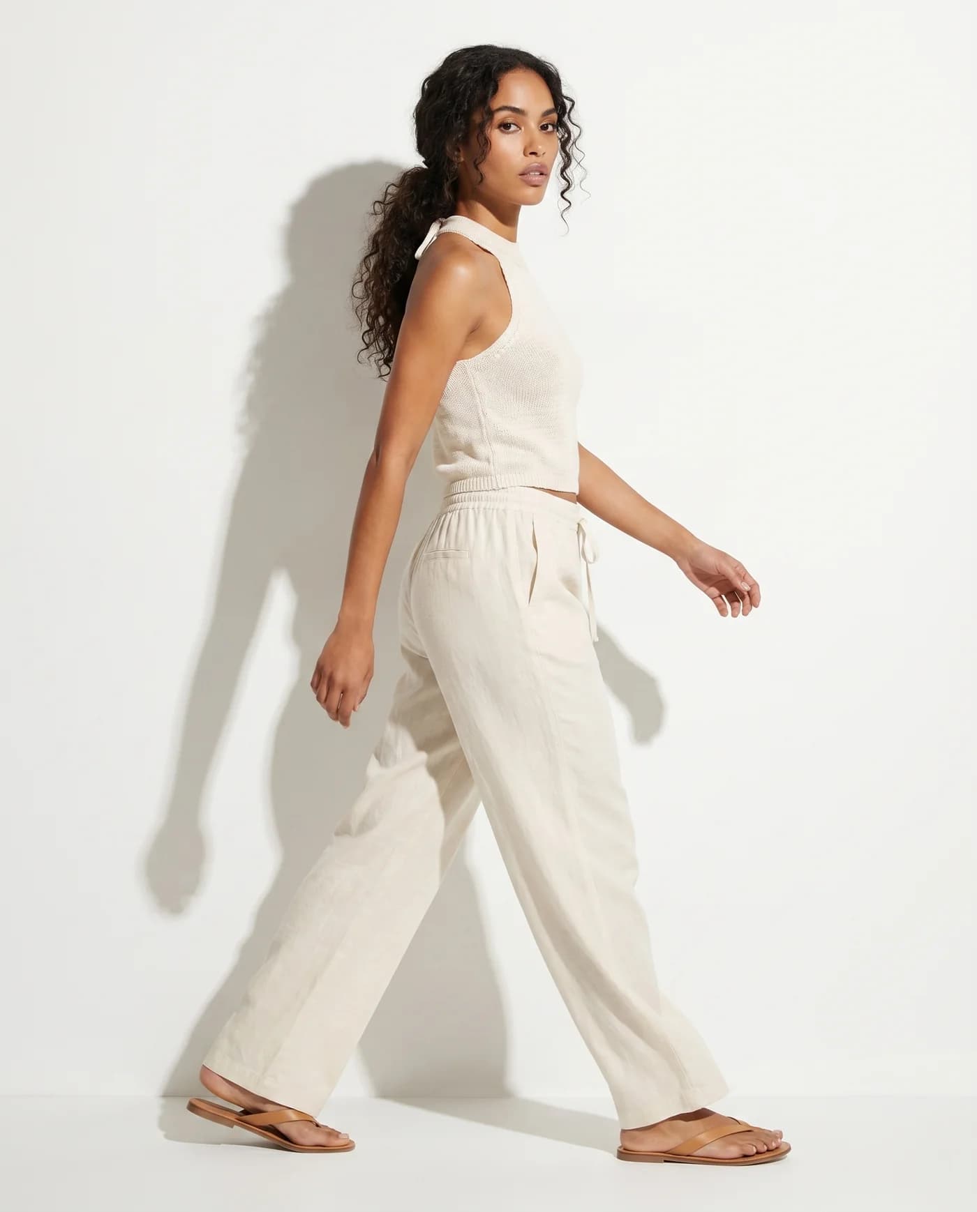On-model output for Linen halter + wide-leg trouser
