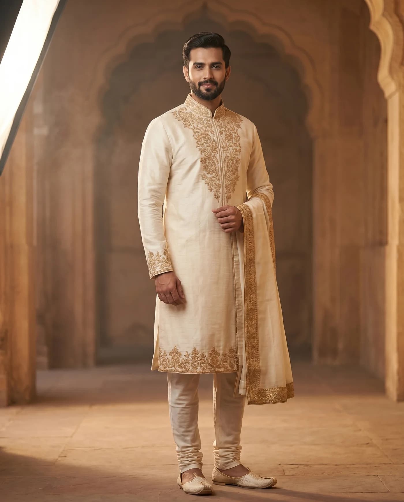On-model output for Gold-thread cream sherwani