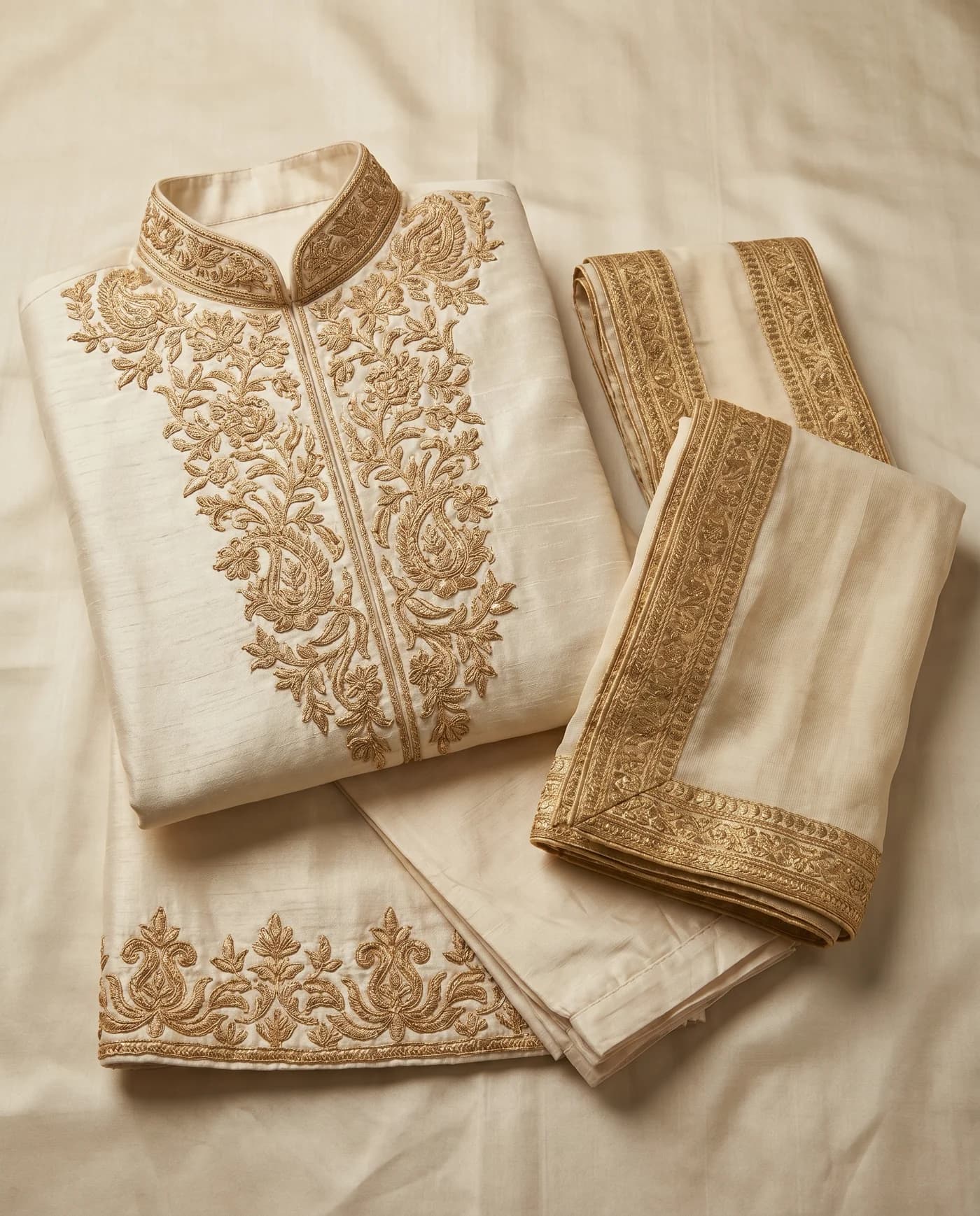 Flat-lay input for Gold-thread cream sherwani