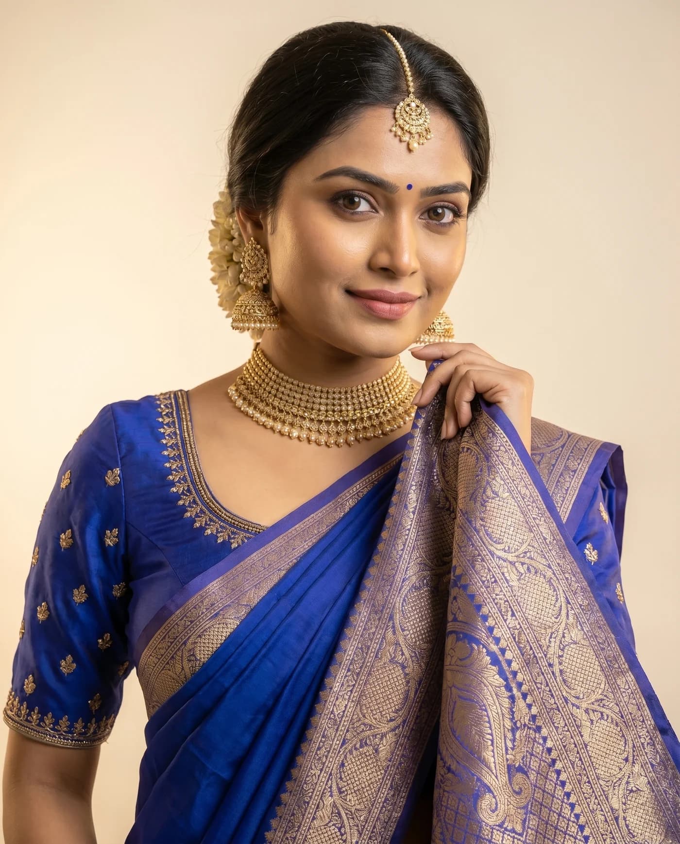 Detail / portrait crop shot of Royal-blue Banarasi silk saree