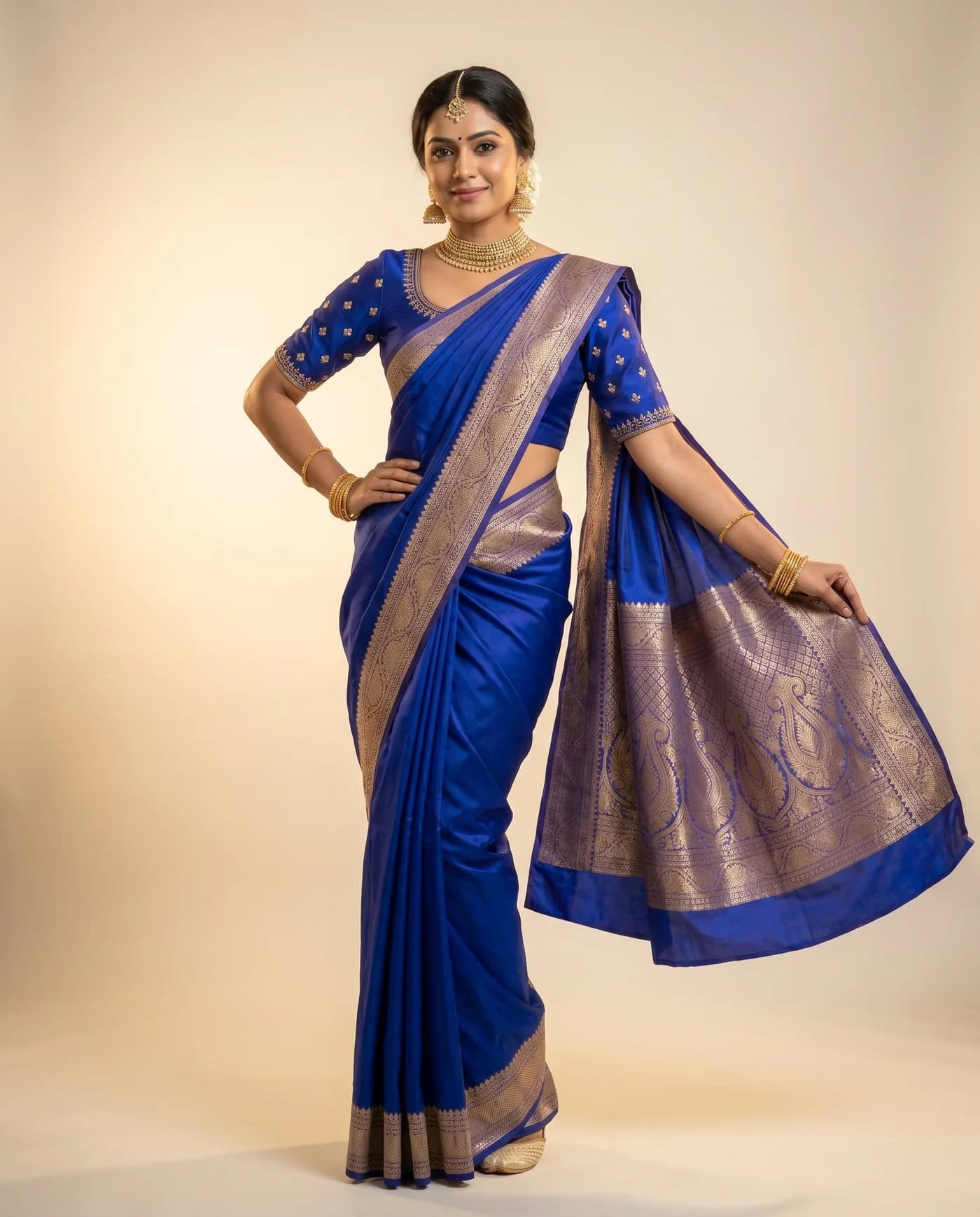 Hero front shot of Royal-blue Banarasi silk saree