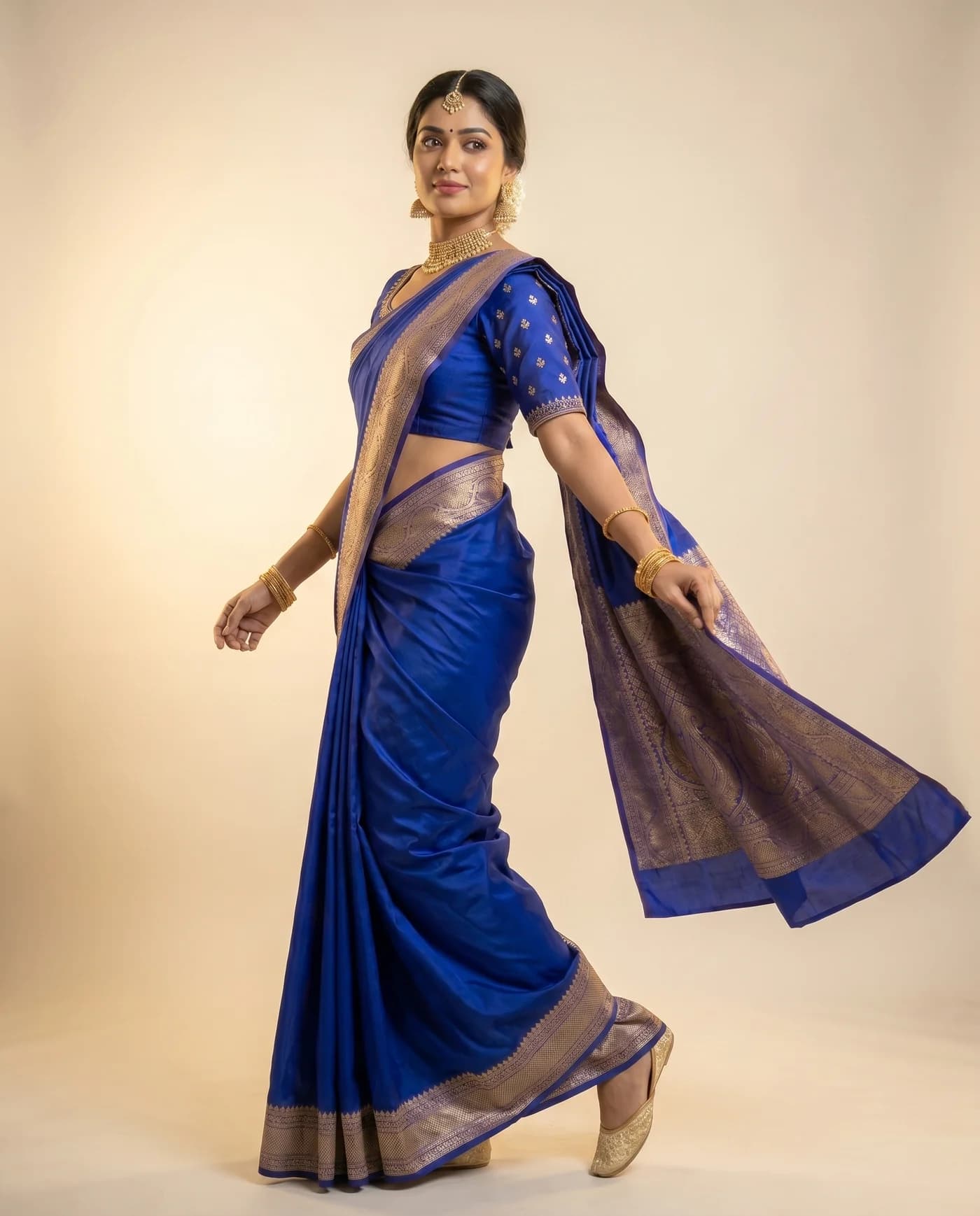 Profile walking shot of Royal-blue Banarasi silk saree