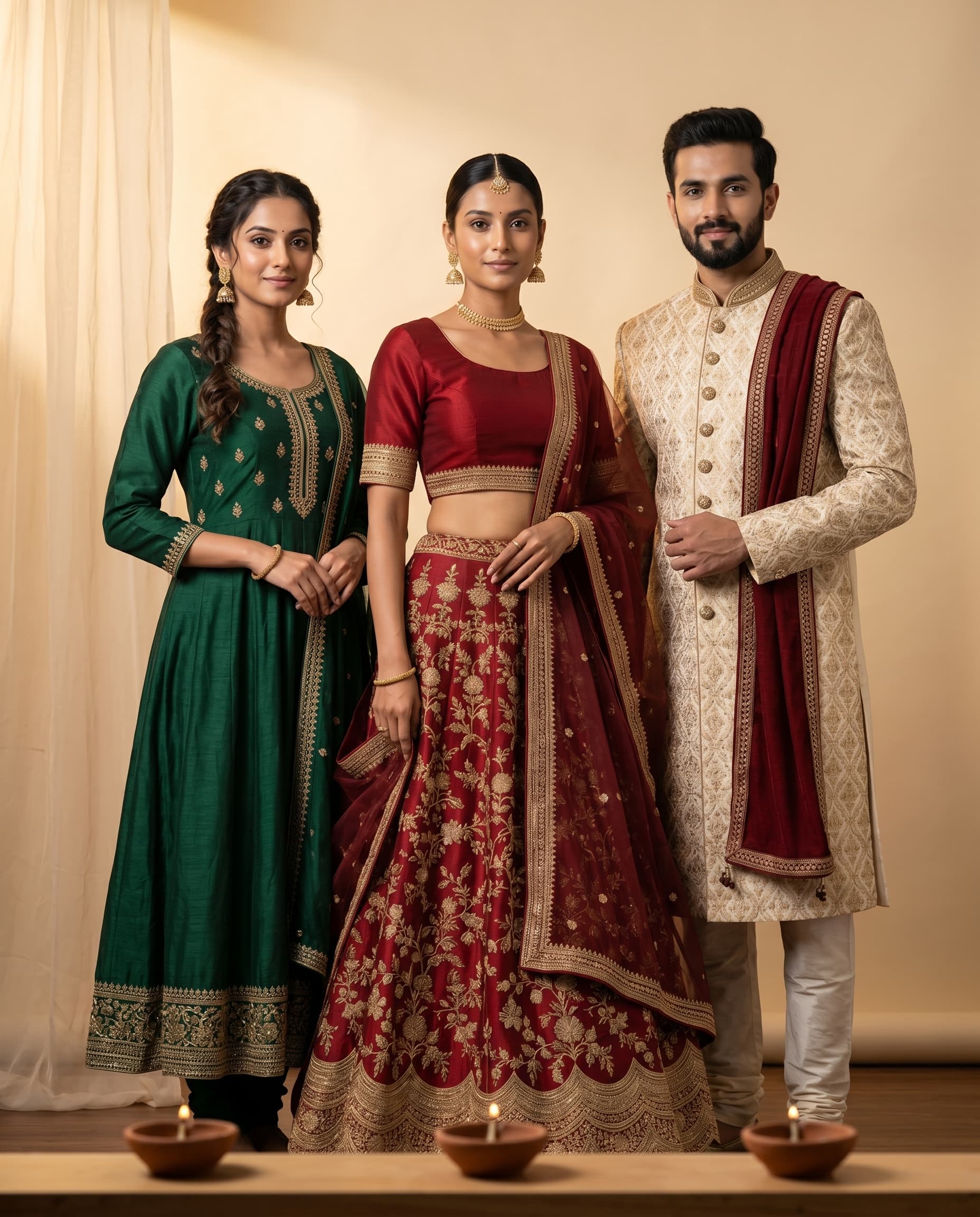 Festive group lookbook — Indian models in anarkali, lehenga and sherwani for Diwali
