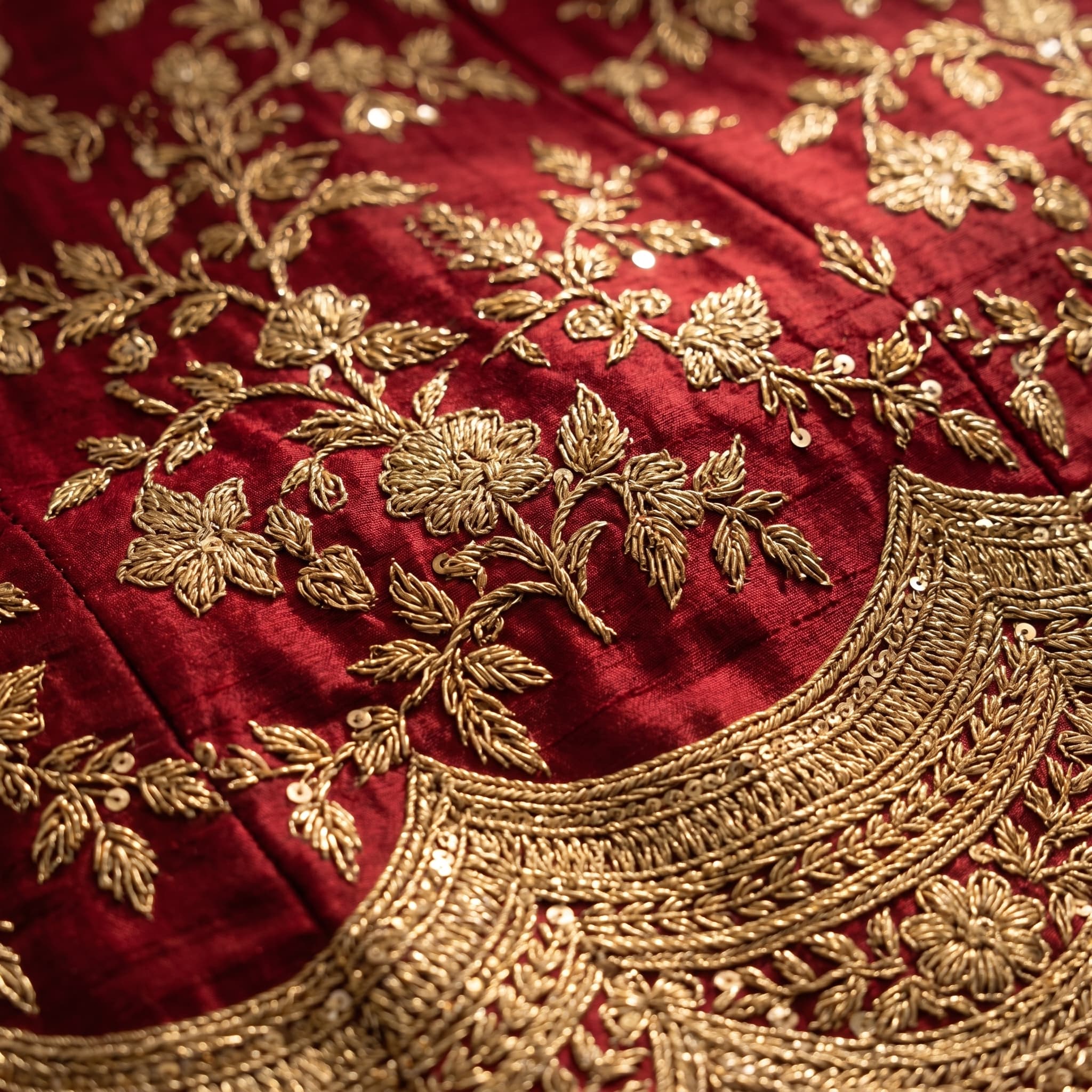 Macro detail of zardosi embroidery and gota patti — Diwali catalog detail shot