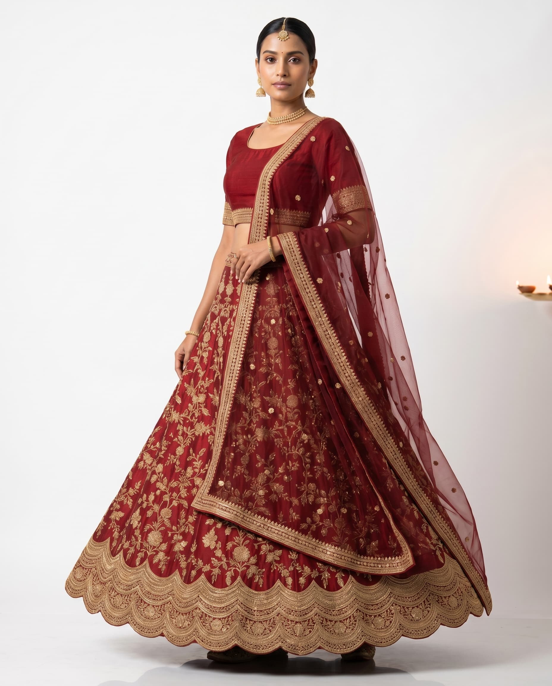 Indian model in red zardosi lehenga — Diwali lehenga catalog photography