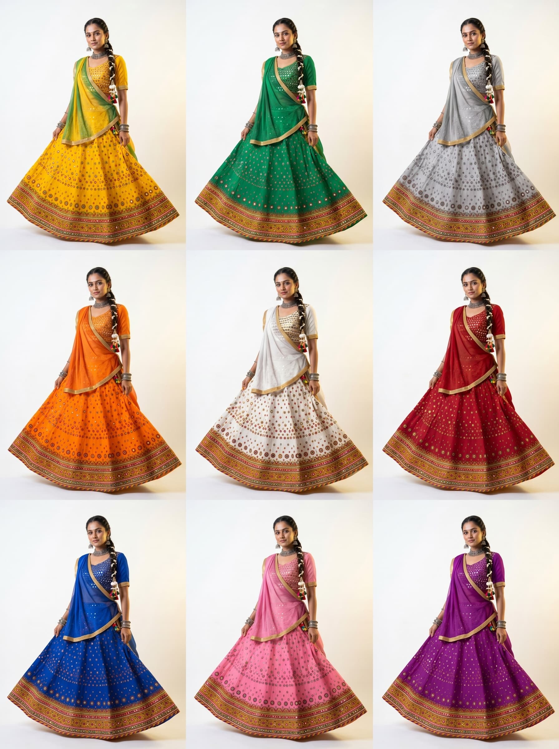 9-day Navratri color strip — one chaniya choli look per day with same model identity