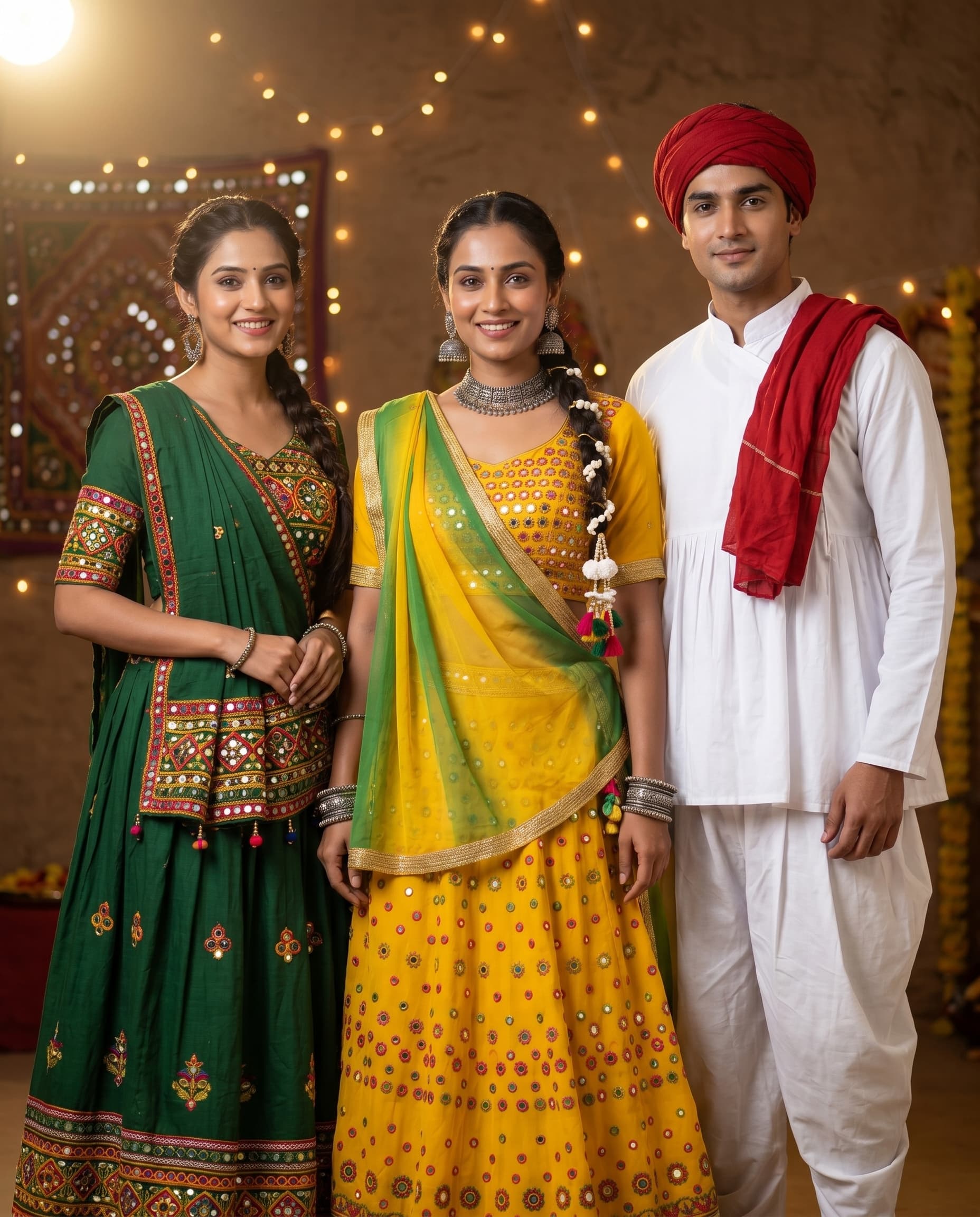 Garba-night festive group lifestyle shot — Navratri lookbook with traditional Gujarati styling