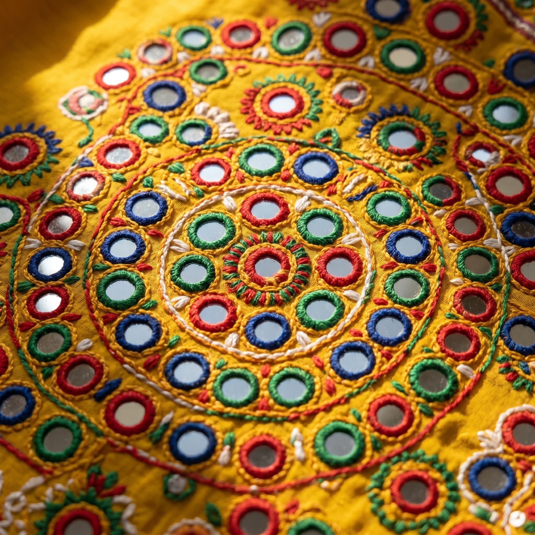 Macro detail of chaniya choli mirror-work and traditional embroidery — Navratri catalog detail shot