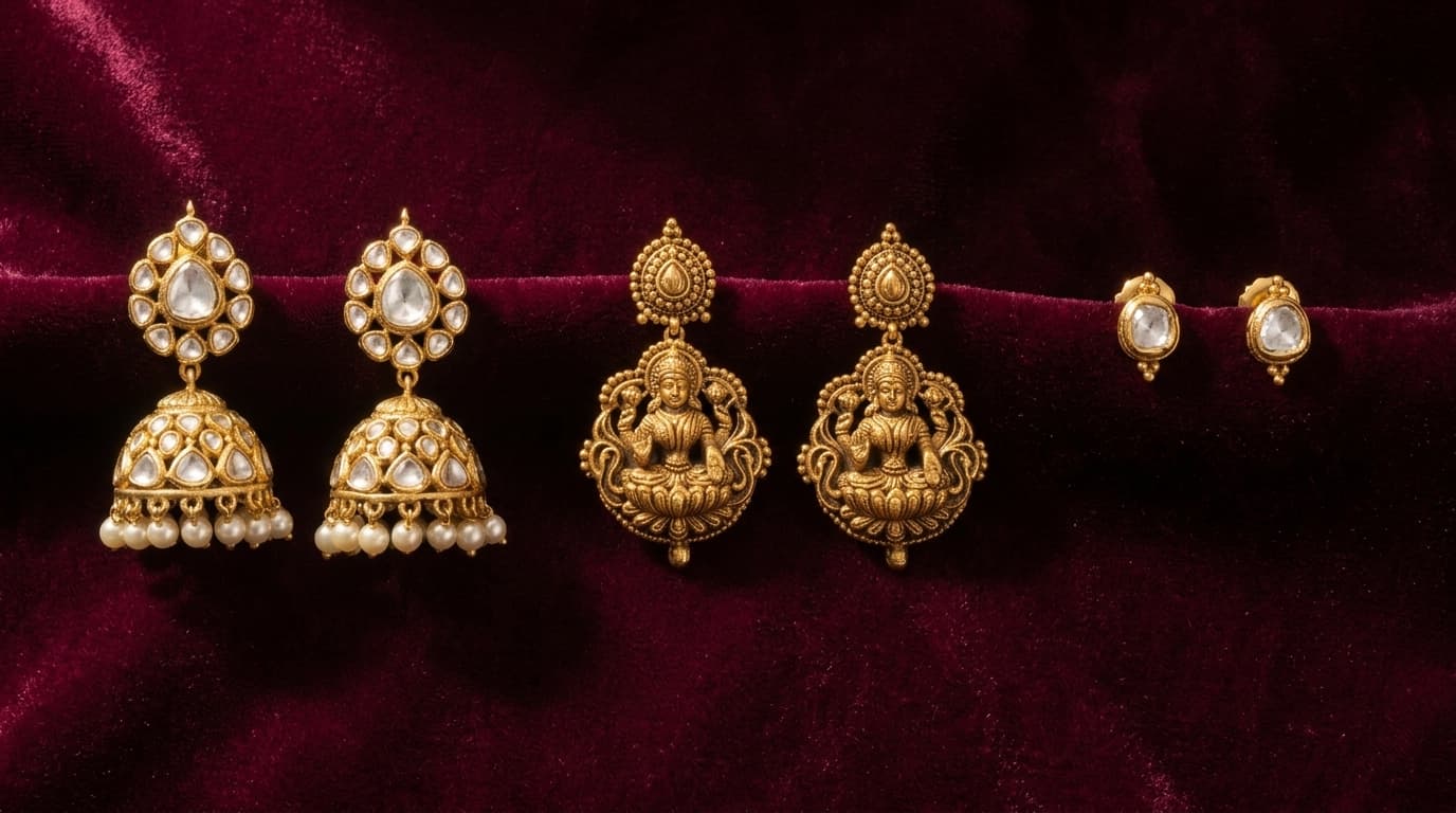 22k gold jhumka earring pair shown in five presentation modes — packshot, mannequin, on-body macro, on-model close-up and lifestyle