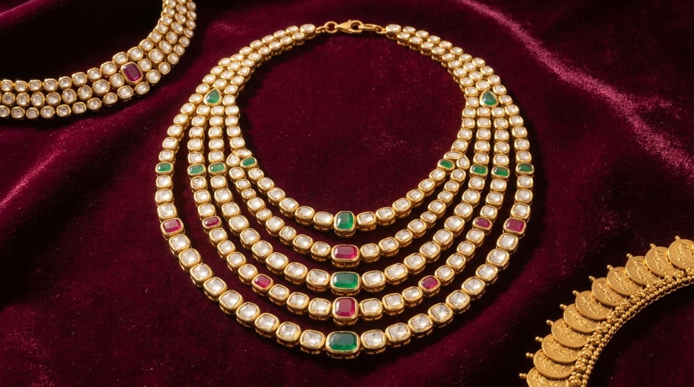 Polki rivière necklace on dark velvet with rim light catching the stones — jewelry lighting setup