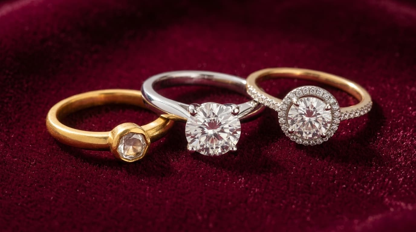 Macro detail of solitaire ring centre stone with four-prong setting and round-brilliant facet pattern — jewelry fidelity primitives
