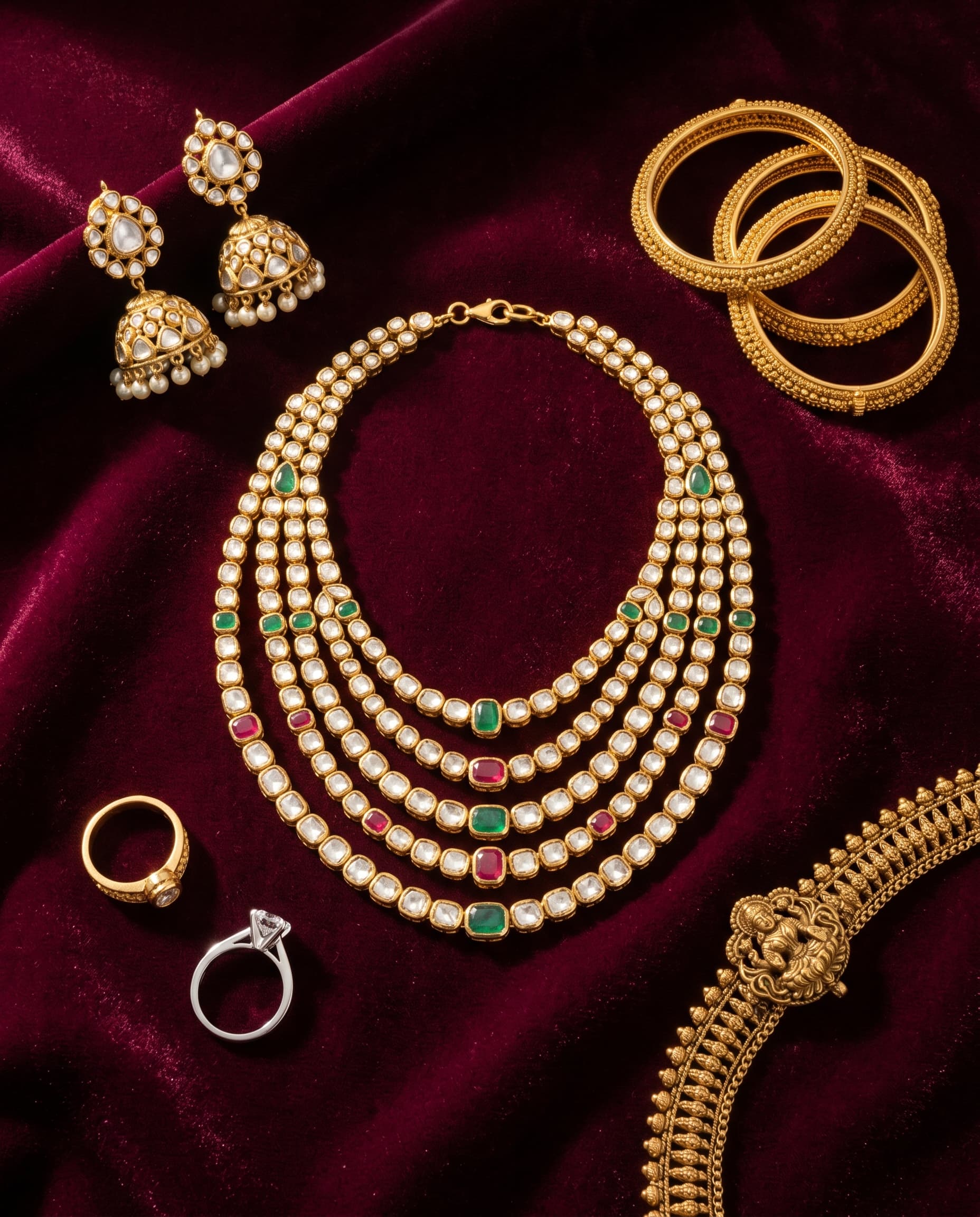Editorial composition of Indian fine jewelry — polki necklace, kundan earrings, gold bangles on velvet — Kraftr jewelry photography playbook