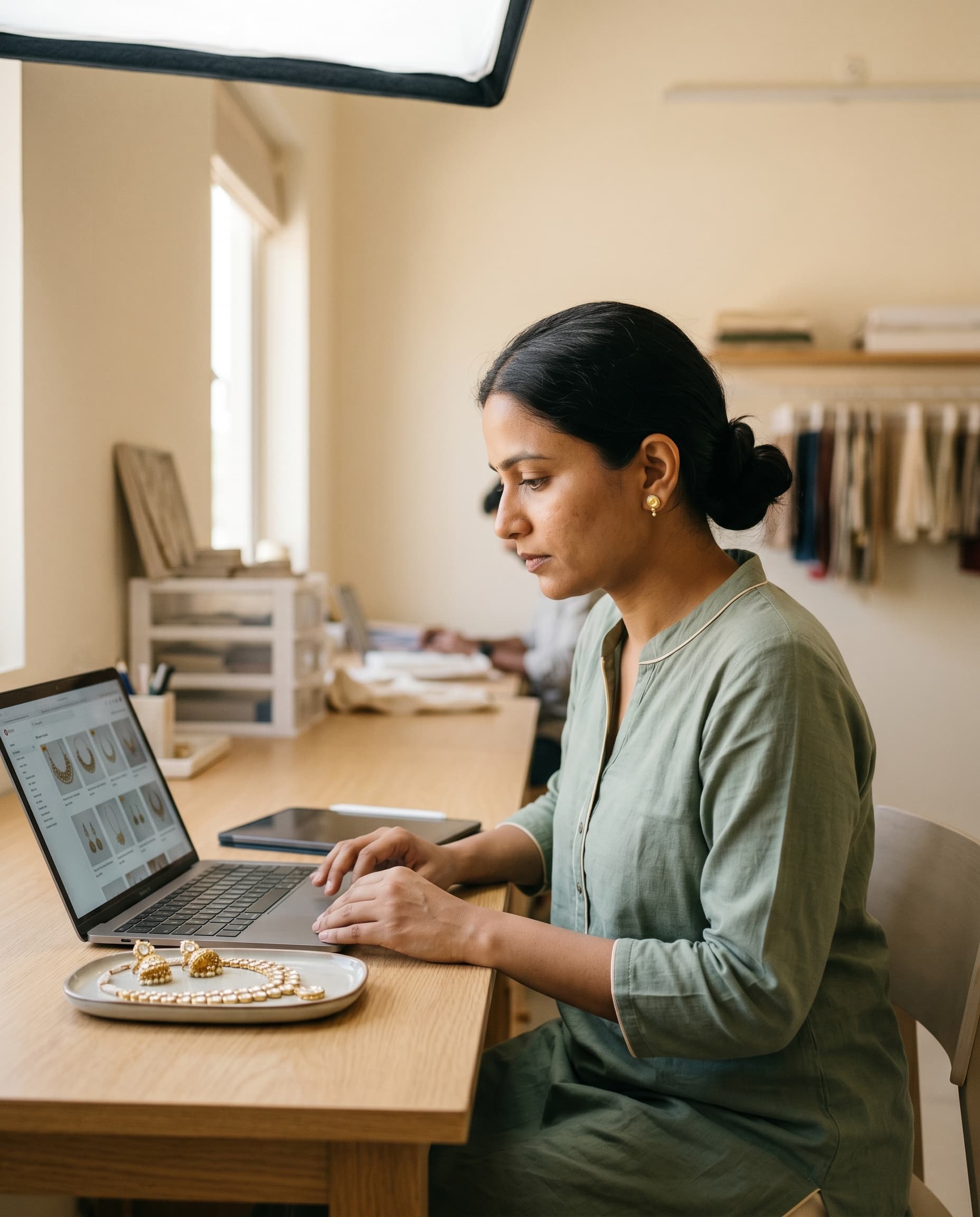 D2C jewelry brand operator reviewing a bridal kundan set render on a laptop — Kraftr jewelry catalog production
