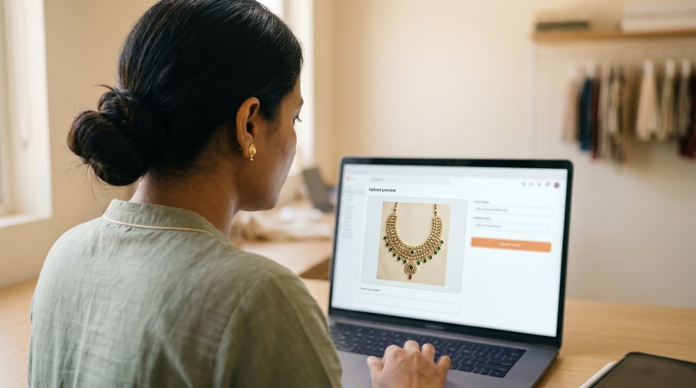 Kraftr jewelry SKU upload screen with bridal kundan necklace flat-lay attached