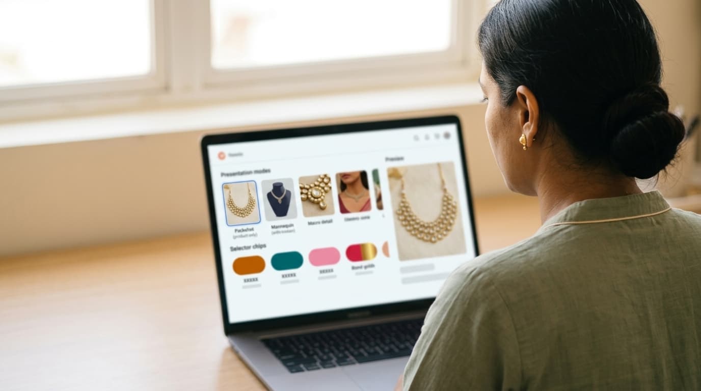 Kraftr jewelry picker showing piece type, presentation mode and marketplace selectors