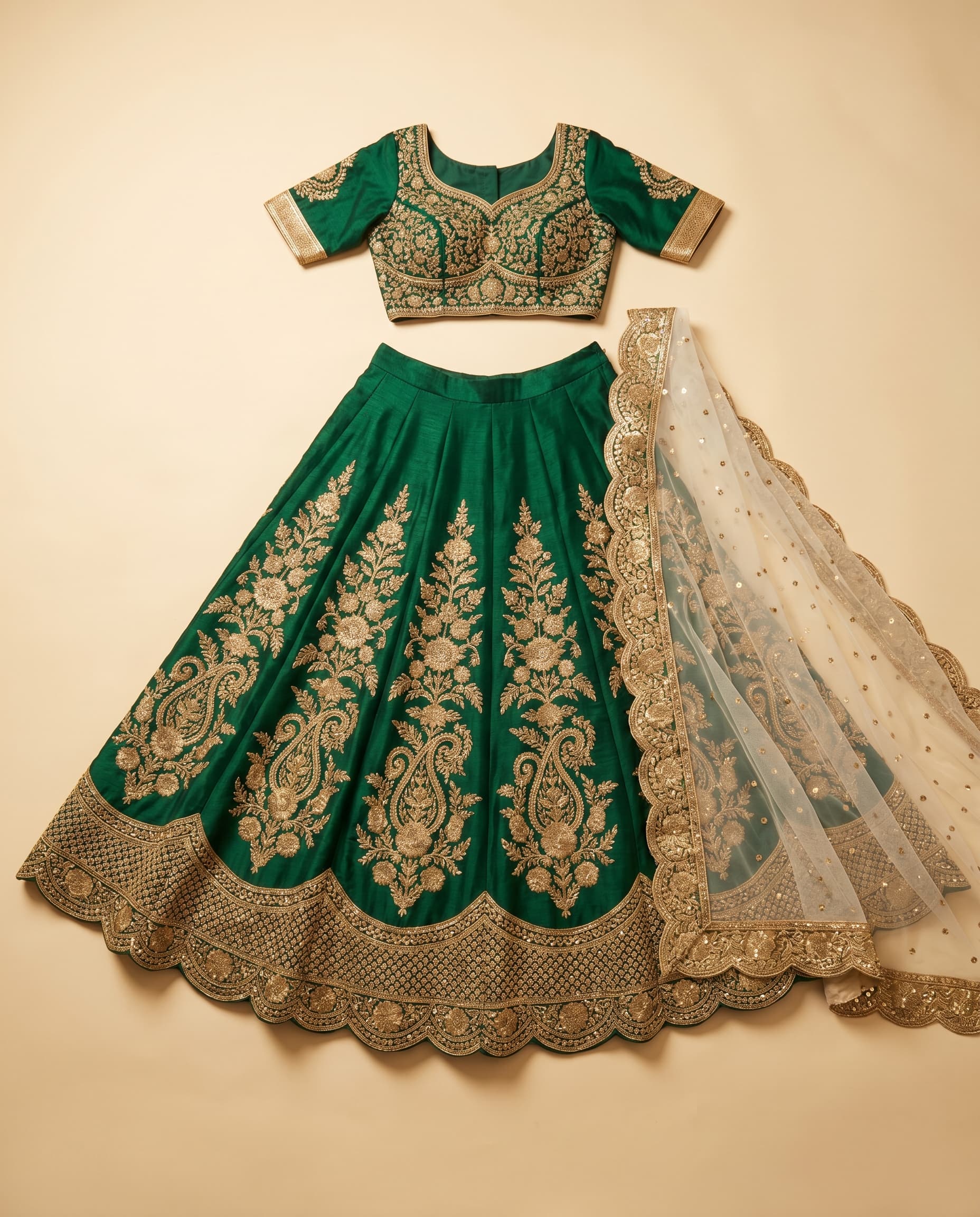 Flat-lay of an emerald silk bridal lehenga set with gold zari embroidery and matching ivory net dupatta — uploaded to Kraftr.