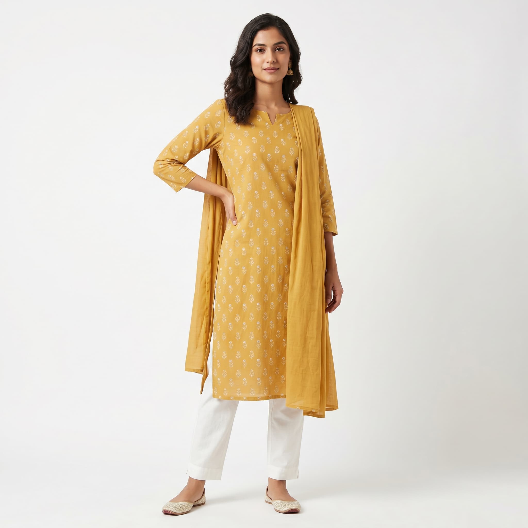Amazon India MAIN image render — 1:1 square on-model fashion photo of an India-presenting model on pure white seamless backdrop with 85% frame fill