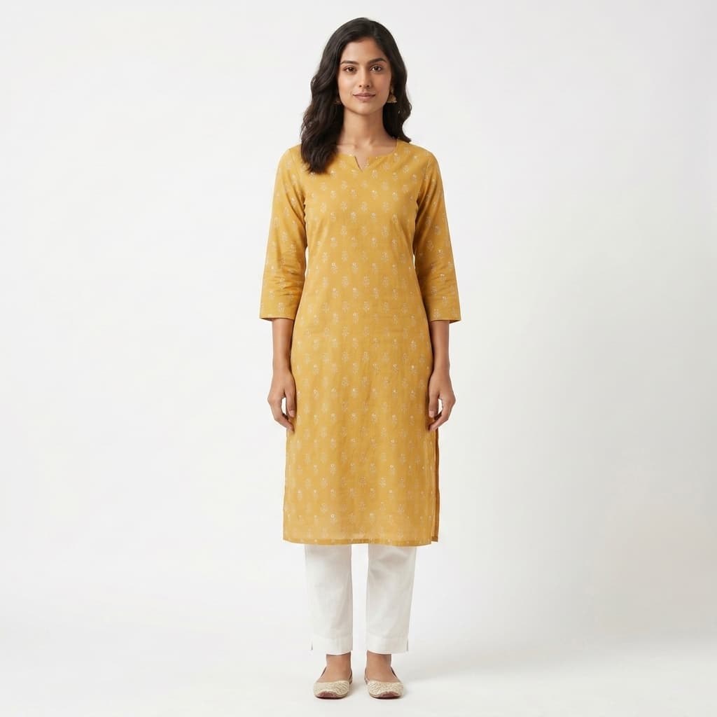 Amazon India MAIN listing image — front on-model render of a kurta on pure white seamless backdrop with 85% frame fill