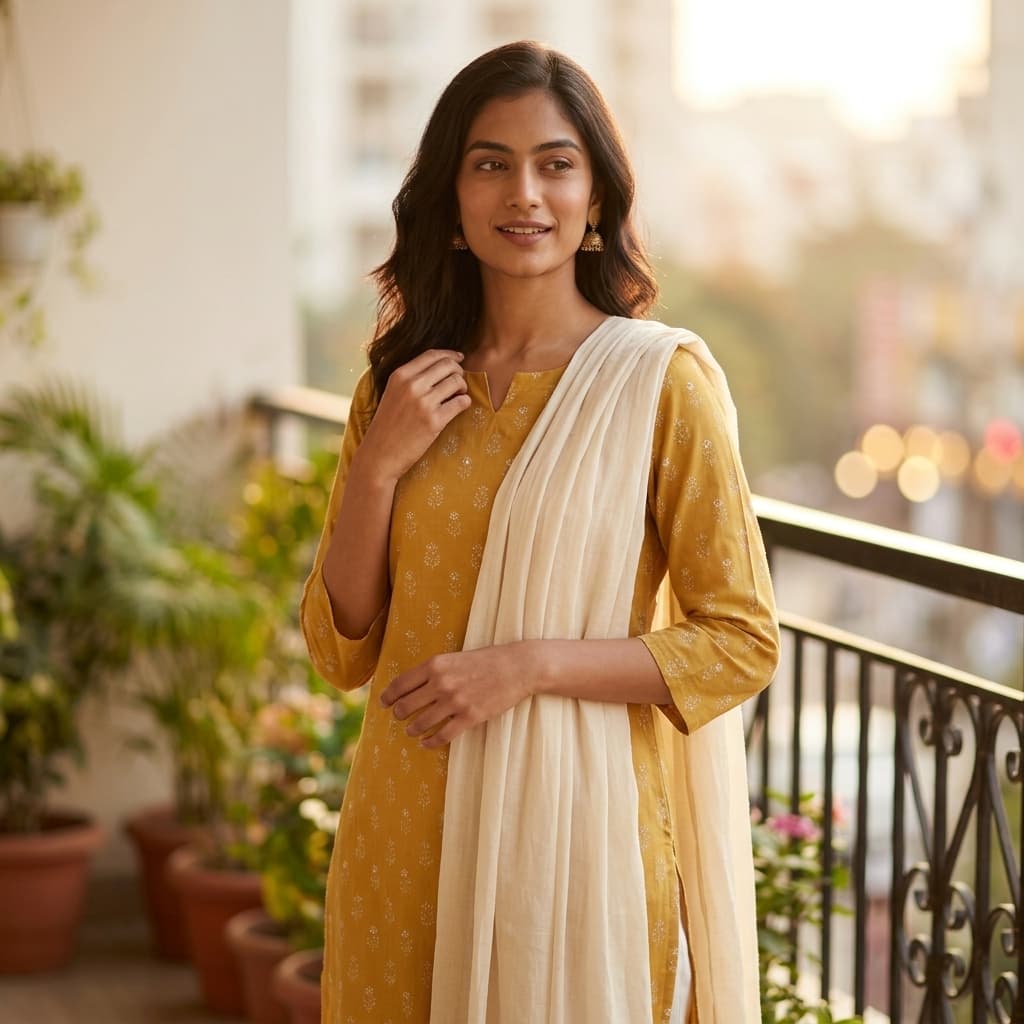 Amazon India alternate listing image — lifestyle styled look-shot of model wearing kurta in a balcony setting
