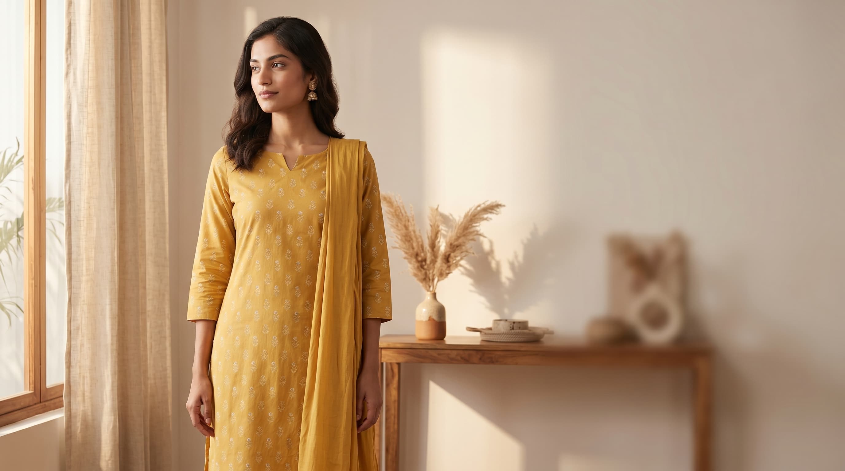 Amazon India A+ Content lifestyle banner — wide editorial render of the model in the garment with brand-story styling