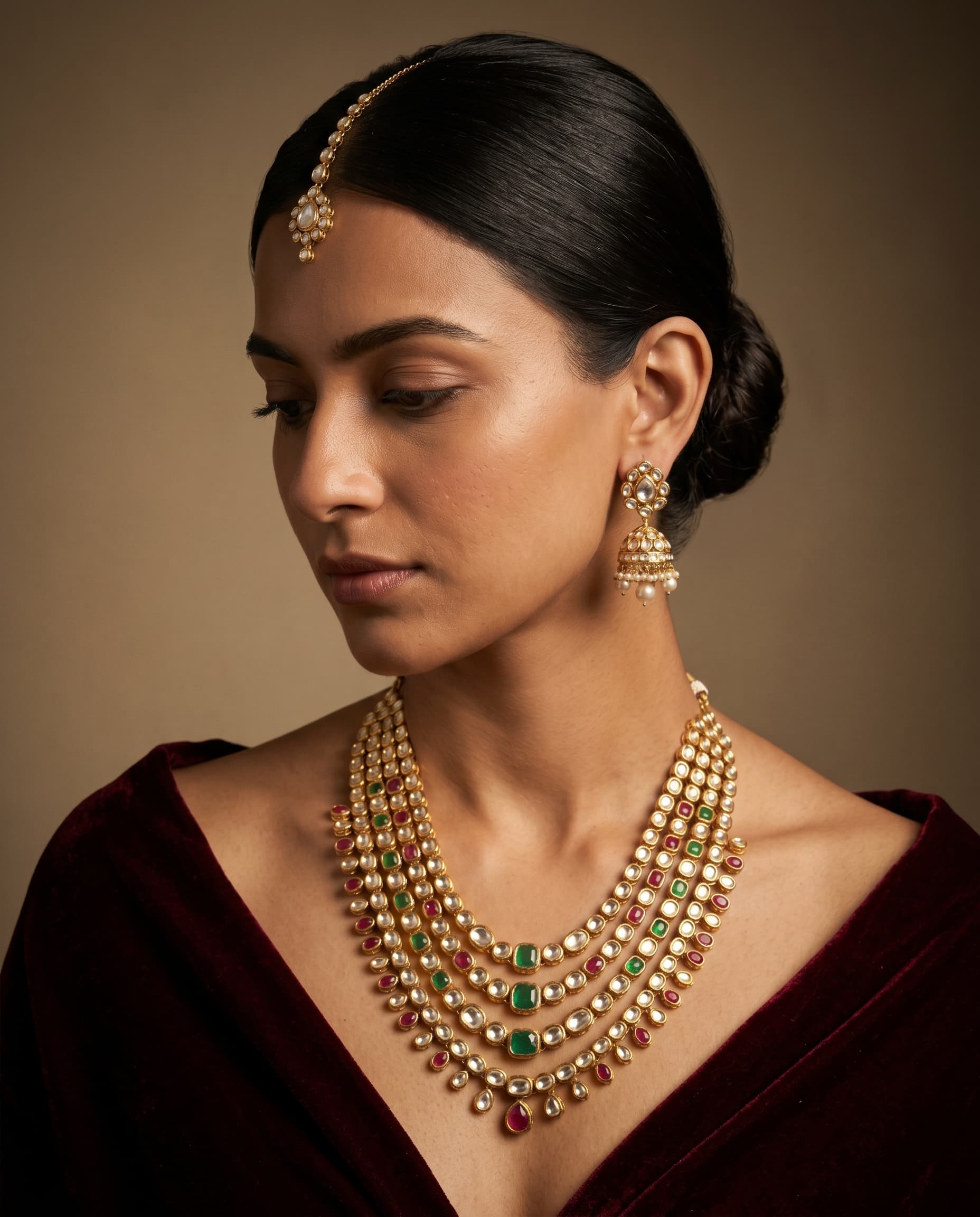 Kundan bridal necklace set on Indian model — fidelity-first jewelry product photography by Kraftr