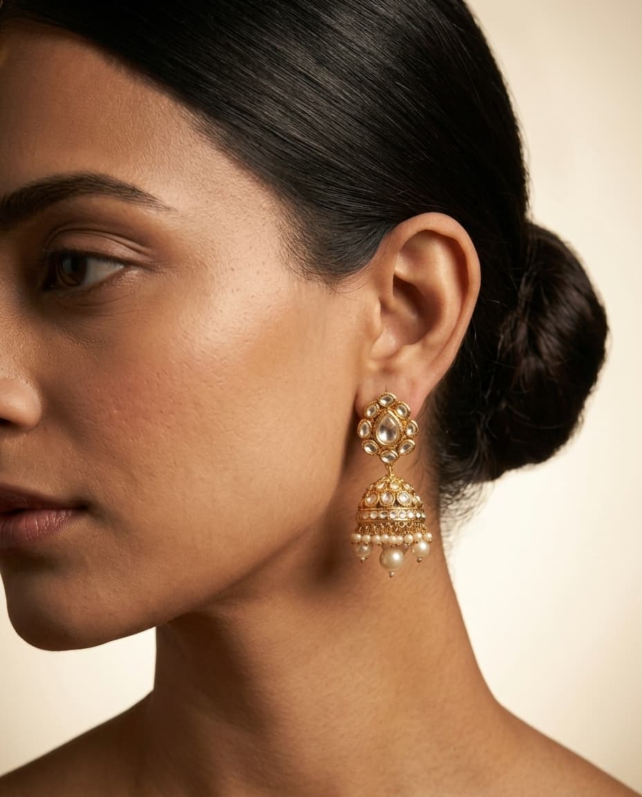 22k yellow gold jhumka earring on Indian model ear close-up, hair tucked back — Kraftr jewelry photography