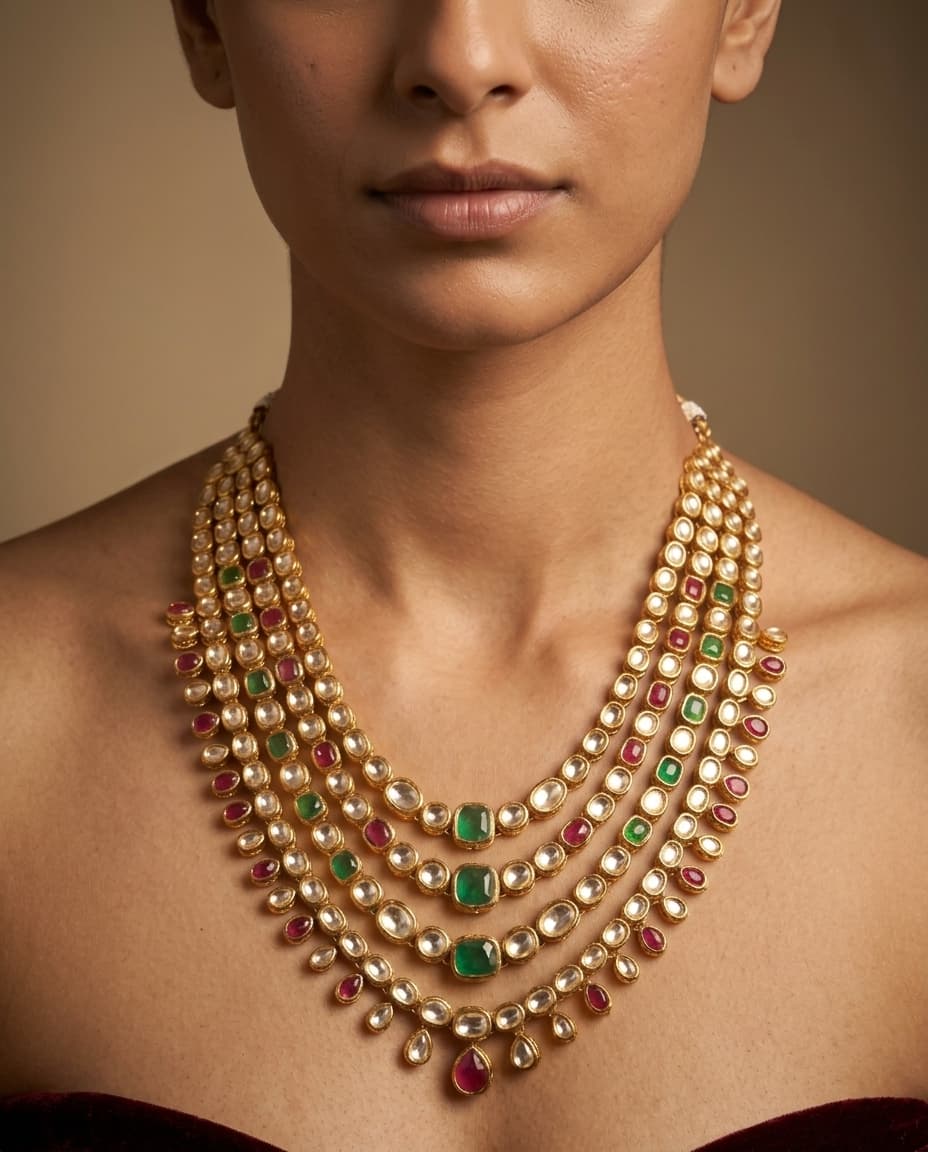 Polki rivière necklace on Indian model décolletage with chin in frame — Kraftr jewelry photography