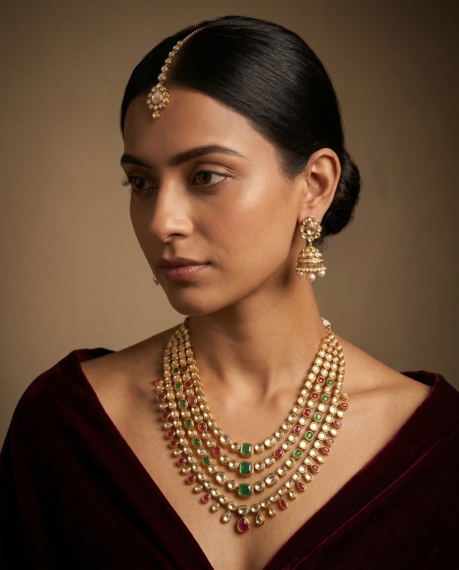 Kundan bridal jewelry set on Indian model with partial face, sangeet styling — Kraftr jewelry photography