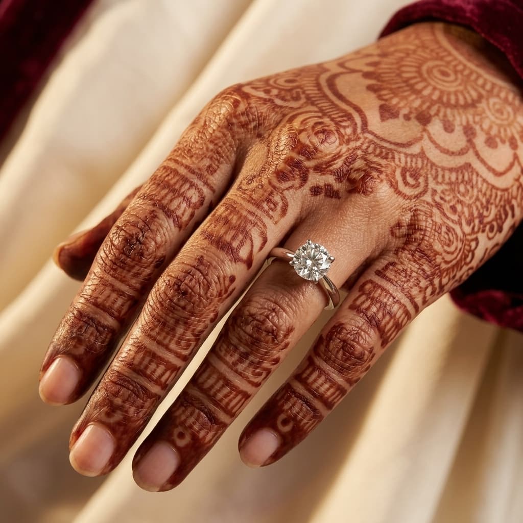 Diamond solitaire ring on mehendi-styled Indian hand, bridal context — Kraftr jewelry photography