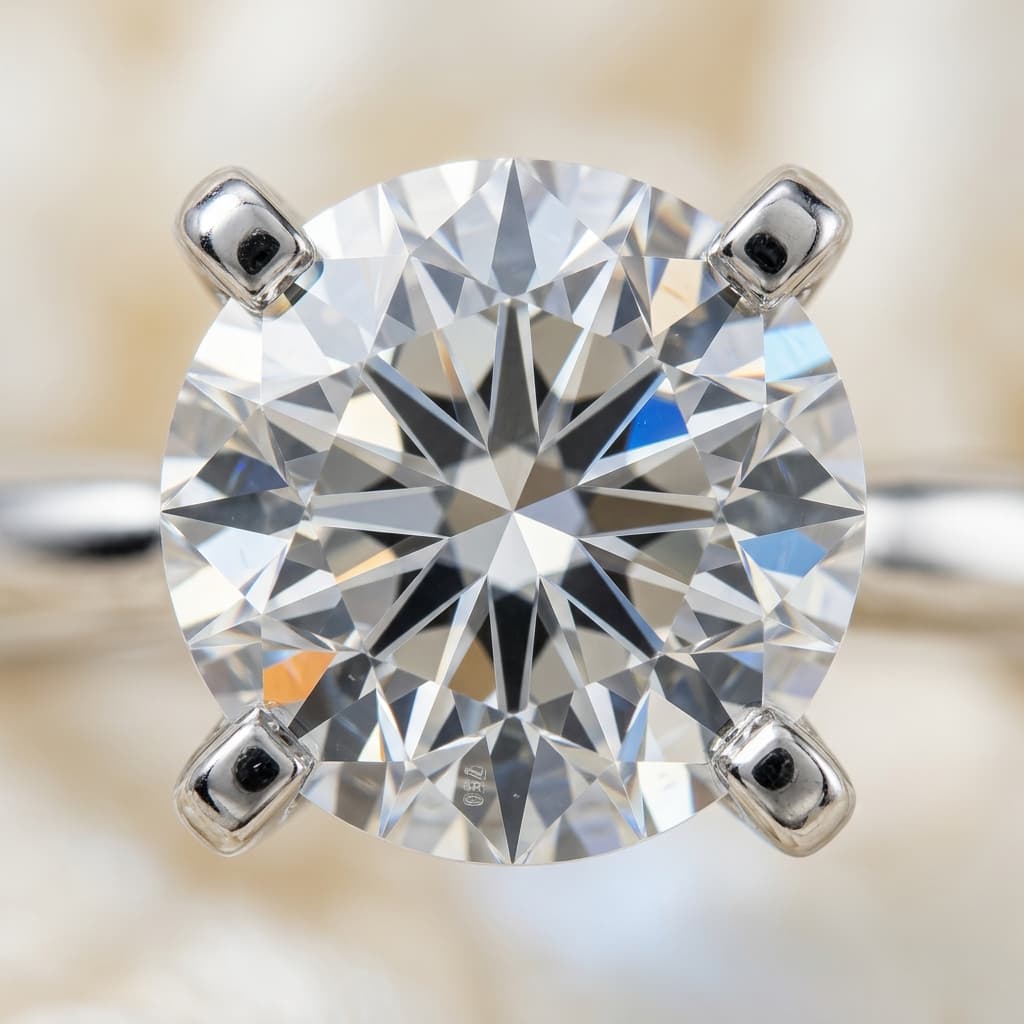 Macro detail of round-brilliant diamond solitaire showing four-prong setting and facets — Kraftr jewelry photography