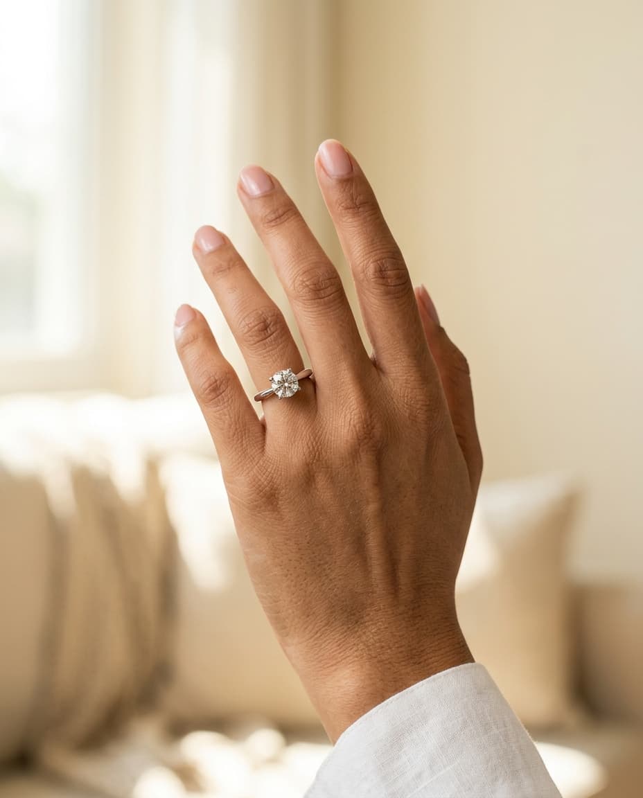 Solitaire ring scale reference on hand at eye-level distance with bezel diameter readable — Kraftr jewelry photography