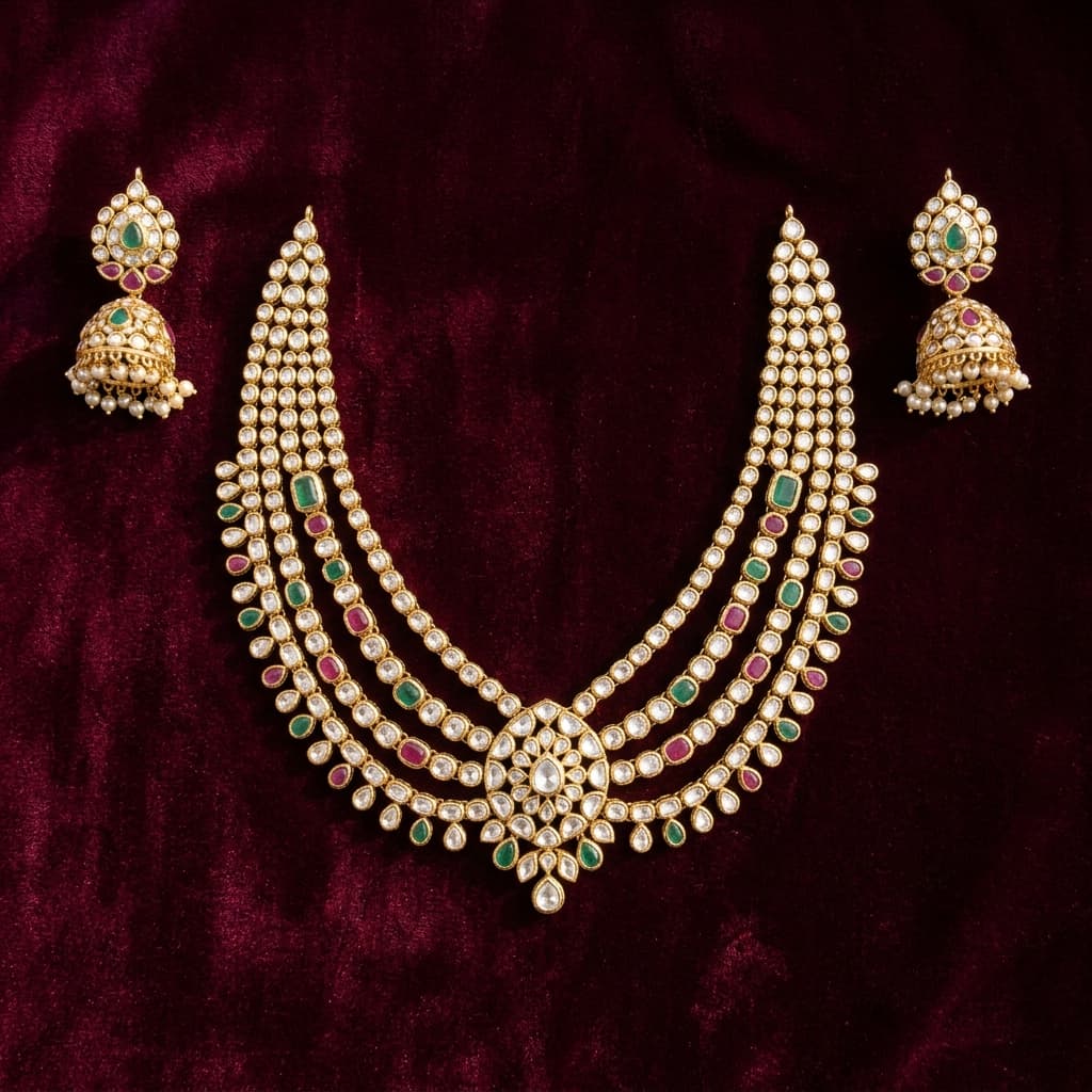 Bridal kundan necklace with matching jhumka earrings laid on burgundy velvet — Kraftr jewelry photography