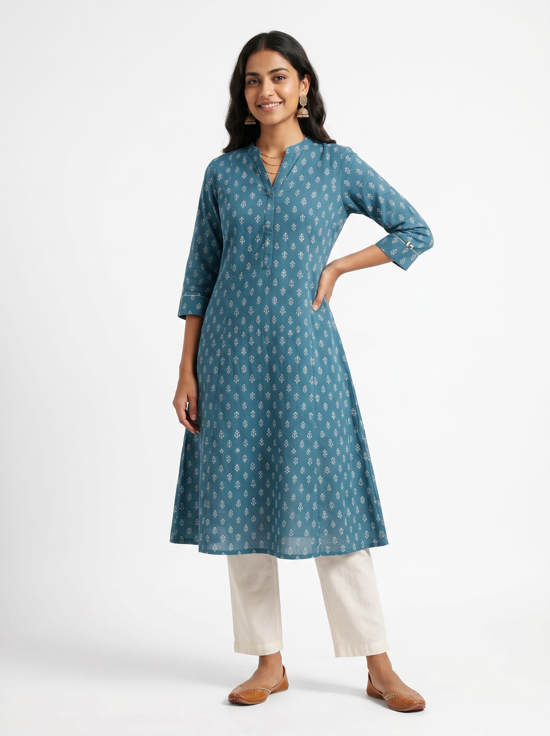 Myntra-spec on-model listing photo — 3:4 portrait, full-length, white seamless backdrop, gender-matched model
