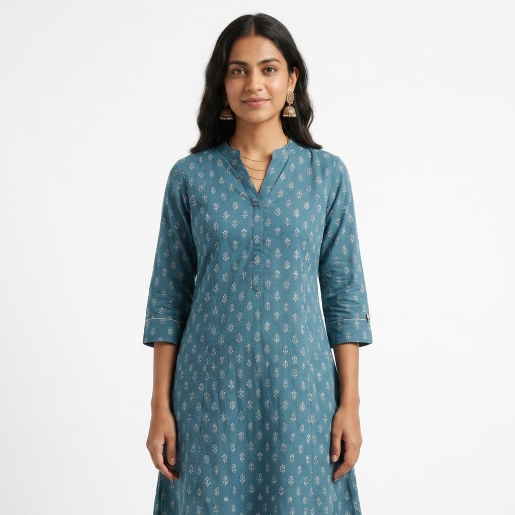Front on-model render — gender-matched model on white seamless backdrop