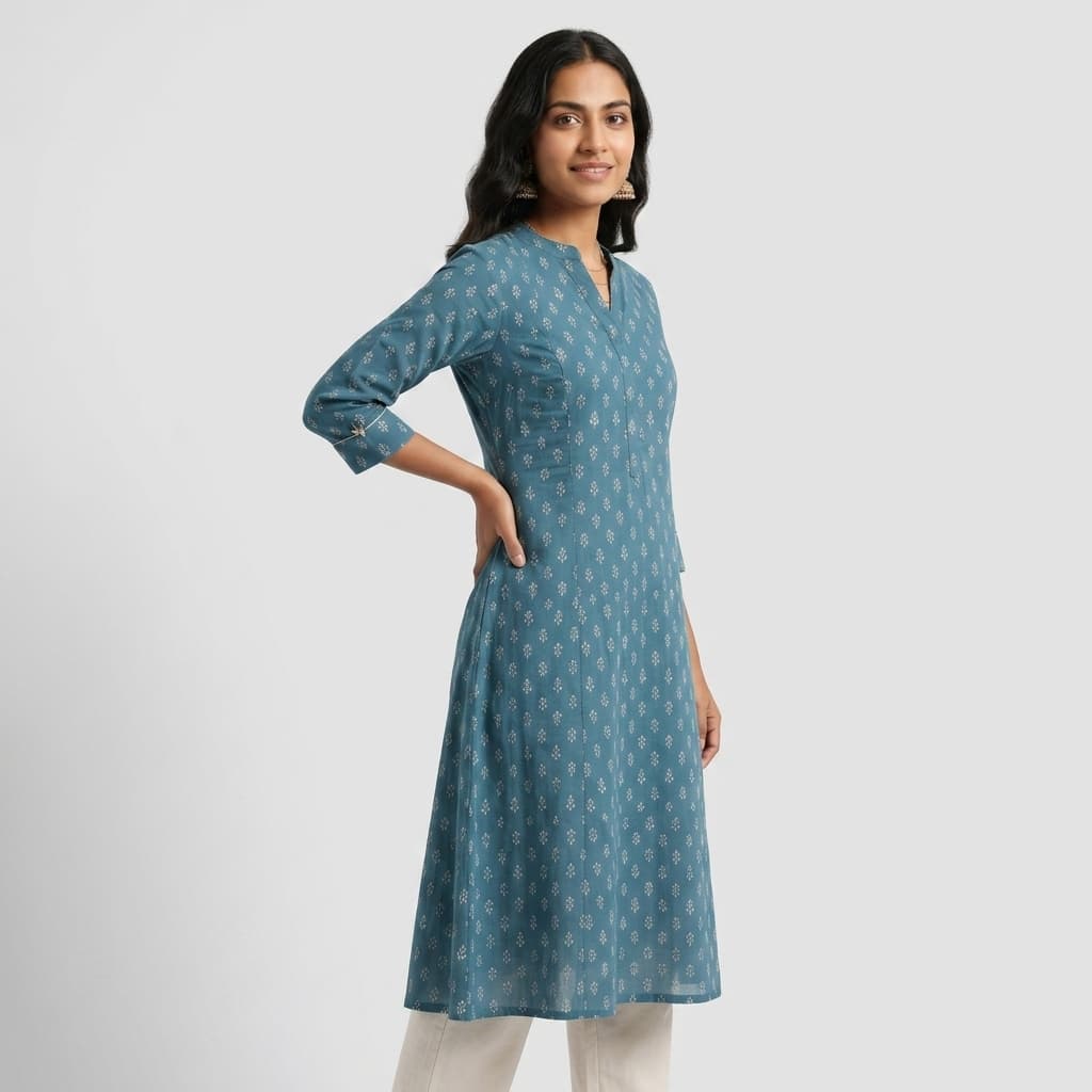 Three-quarter view render at 45° showing garment drape and silhouette depth