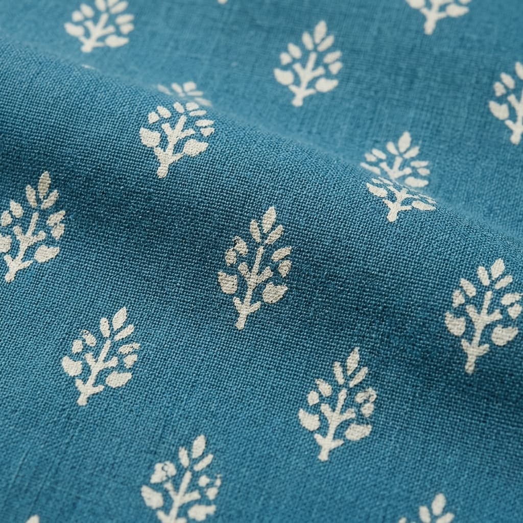 Macro detail of cotton fabric weave with ivory block-print motifs on teal-blue ground