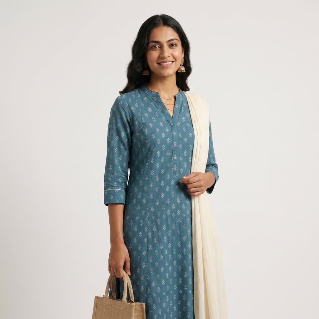Styled look-shot render — kurta paired with cotton scarf and woven jute tote bag