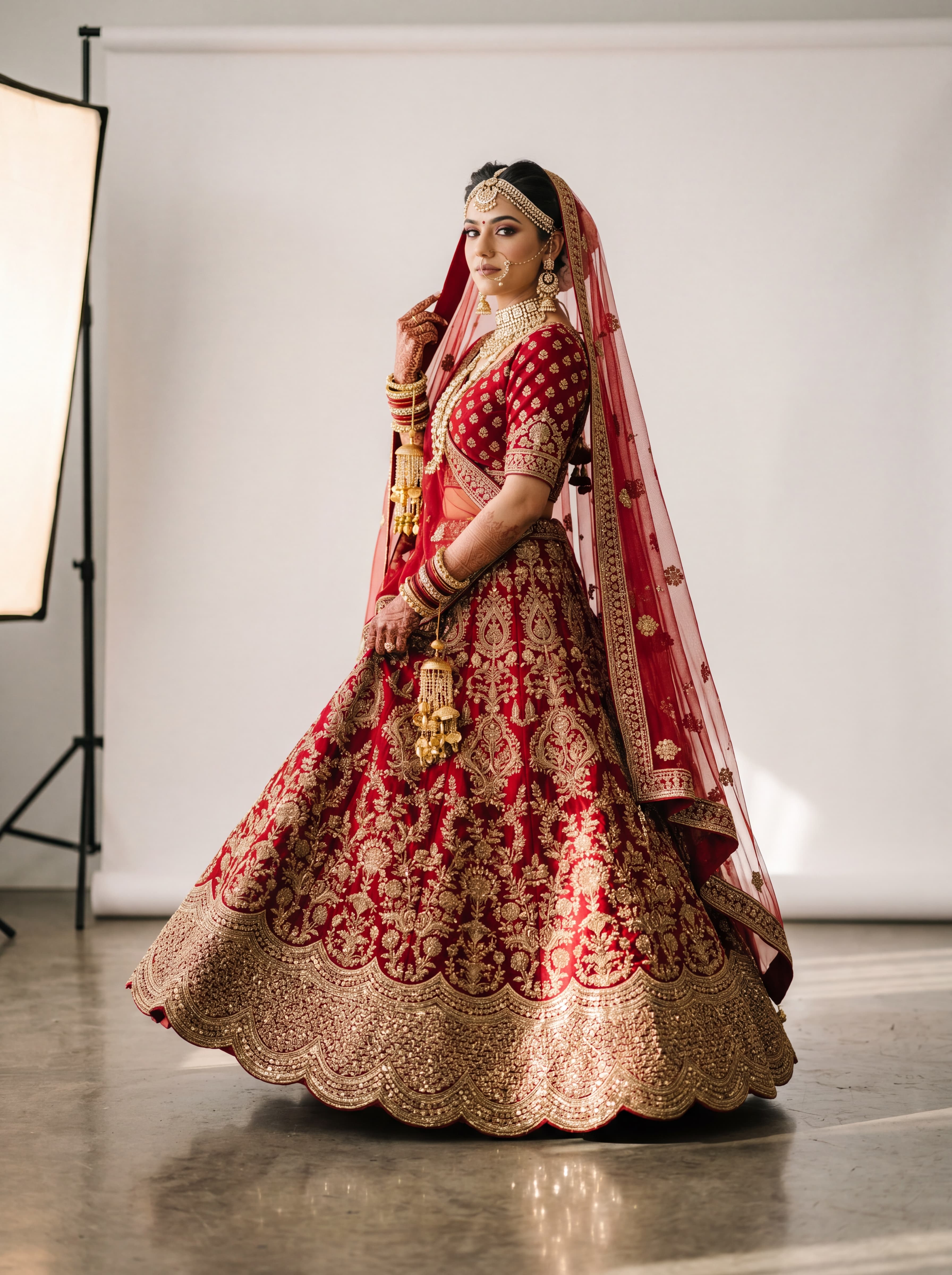 Indian model in heavy-zardosi red bridal lehenga — bridal catalog photography