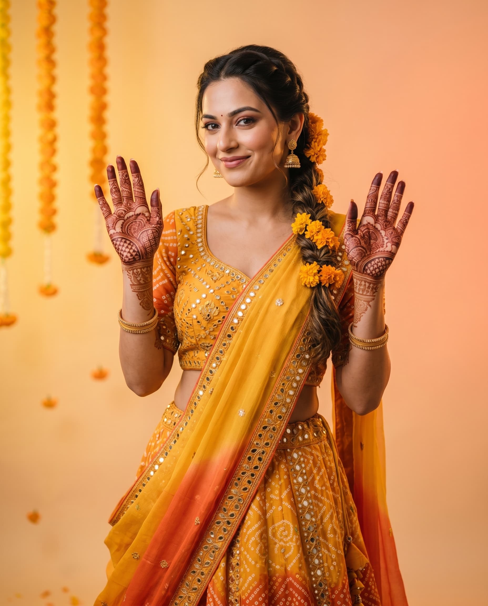 Indian model in yellow mehendi-ceremony look — casual bridal catalog