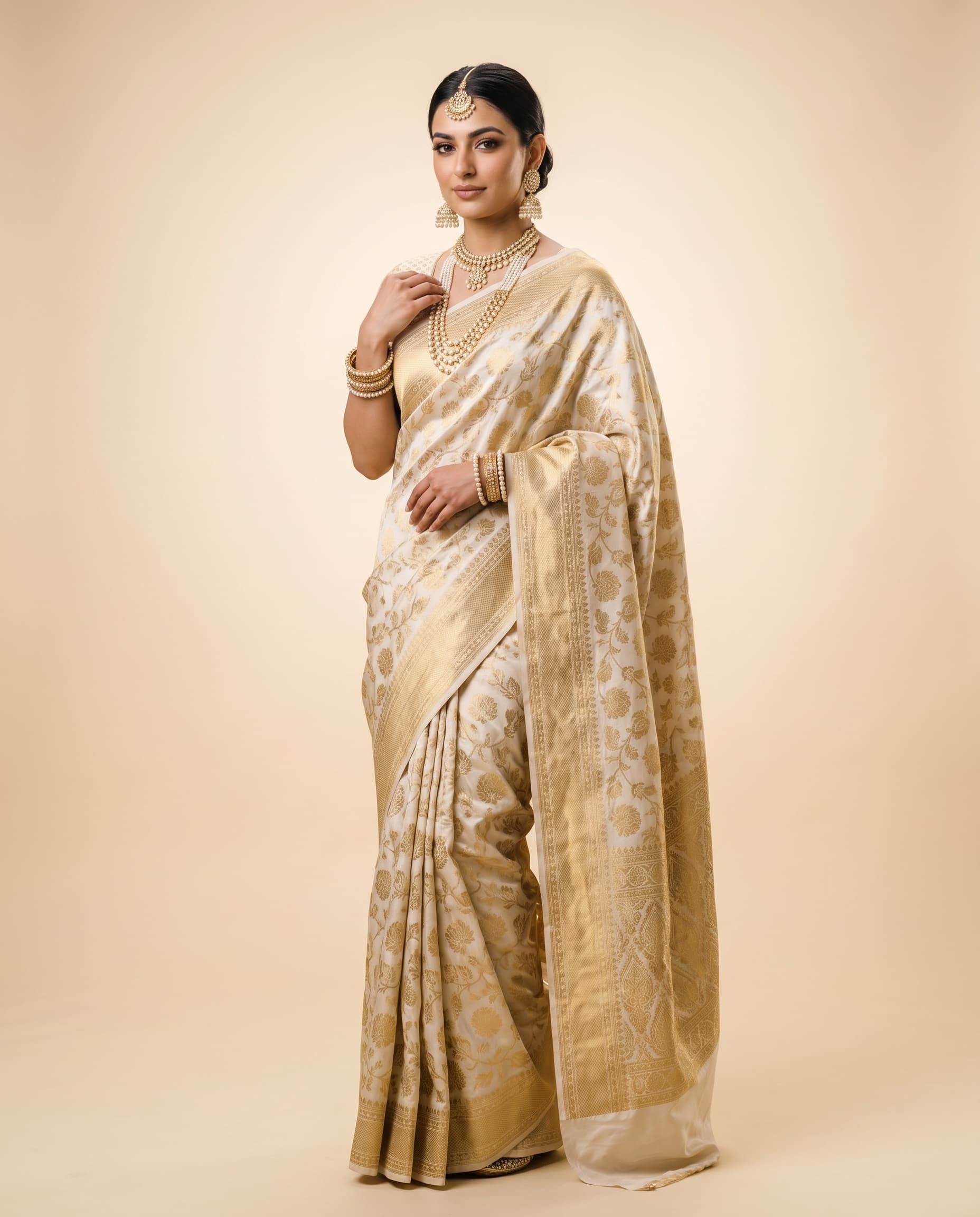 Indian model in ivory and gold reception saree — wedding-season catalog