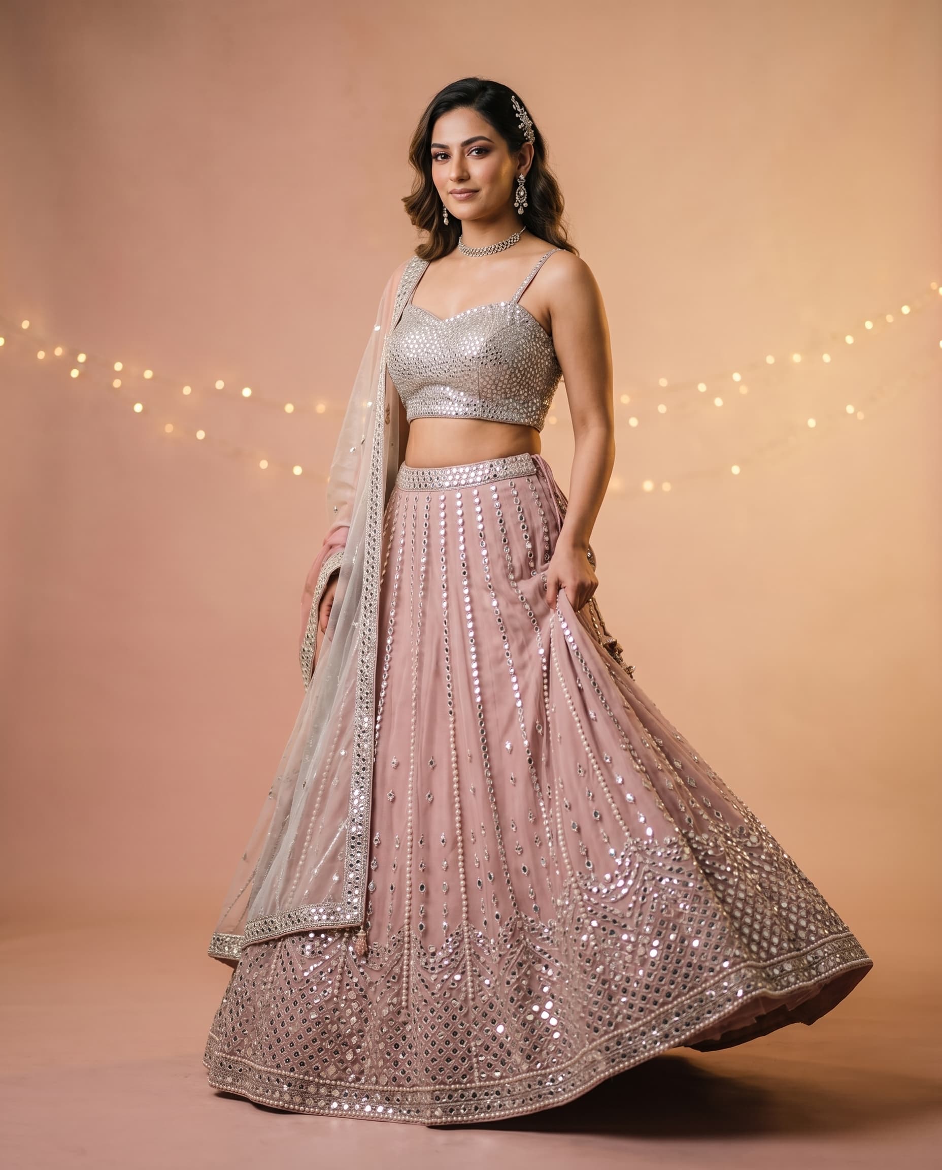 Indian model in pastel sangeet-look lehenga — wedding sangeet catalog