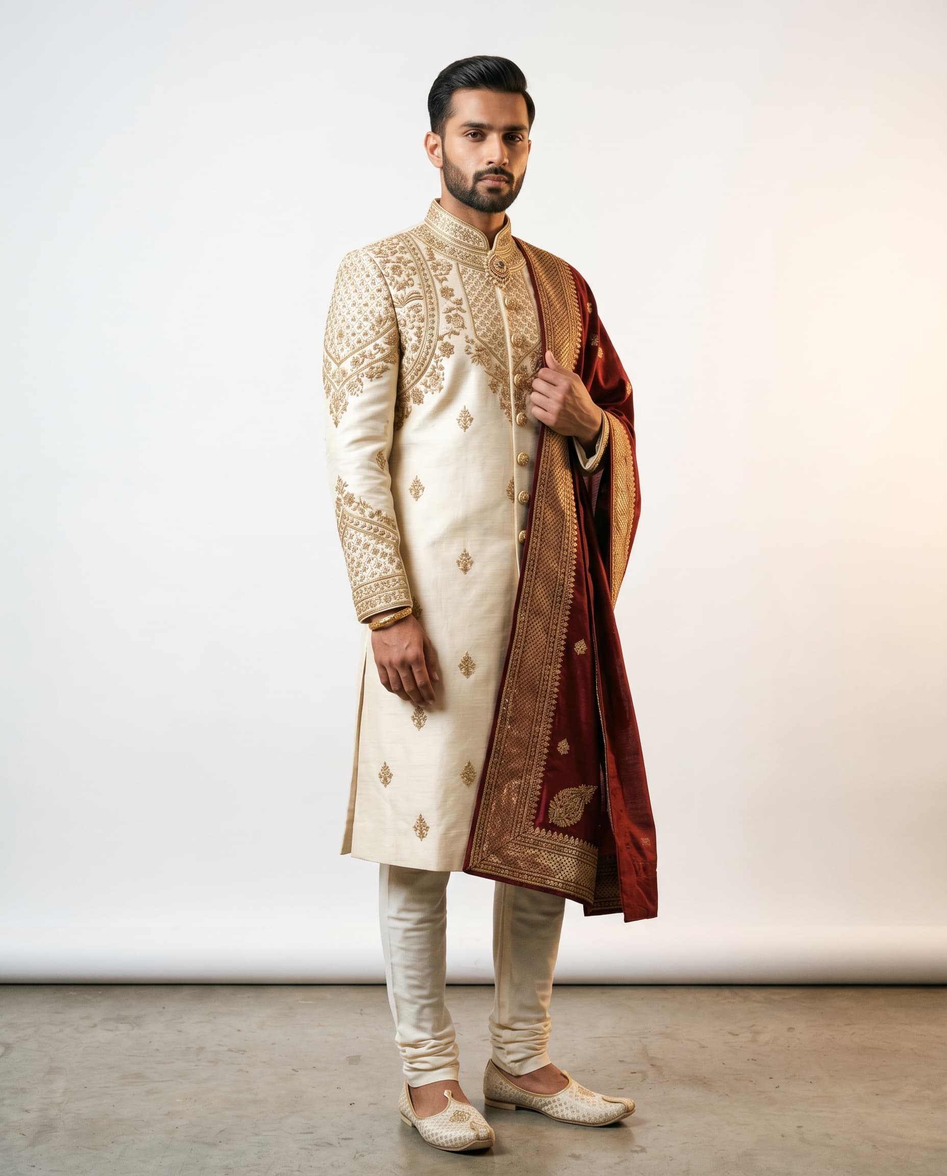 Indian male model in cream-and-gold sherwani — groom wedding catalog