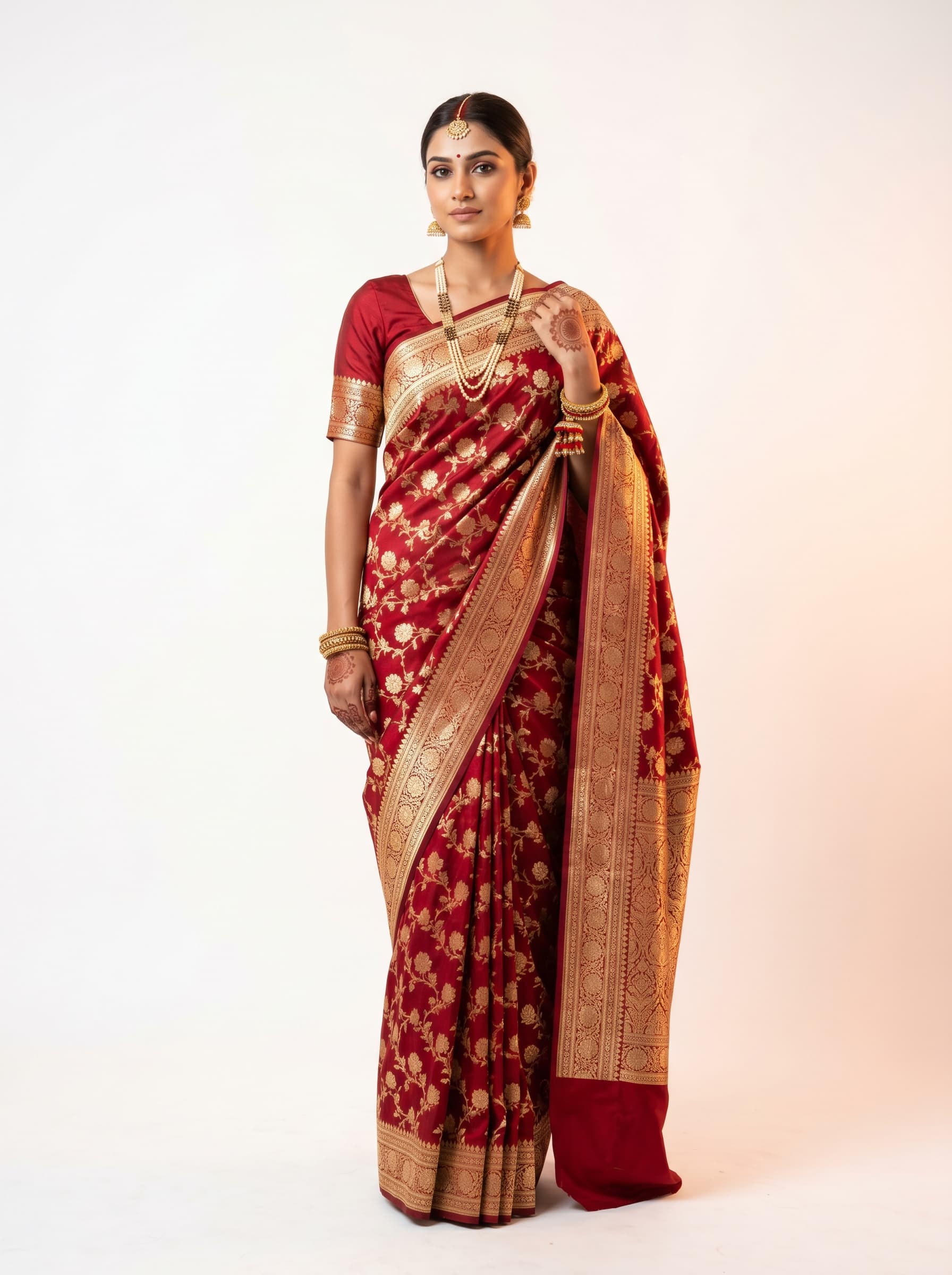 Indian model in red bridal saree with suhag jewelry — Karva Chauth catalog photography
