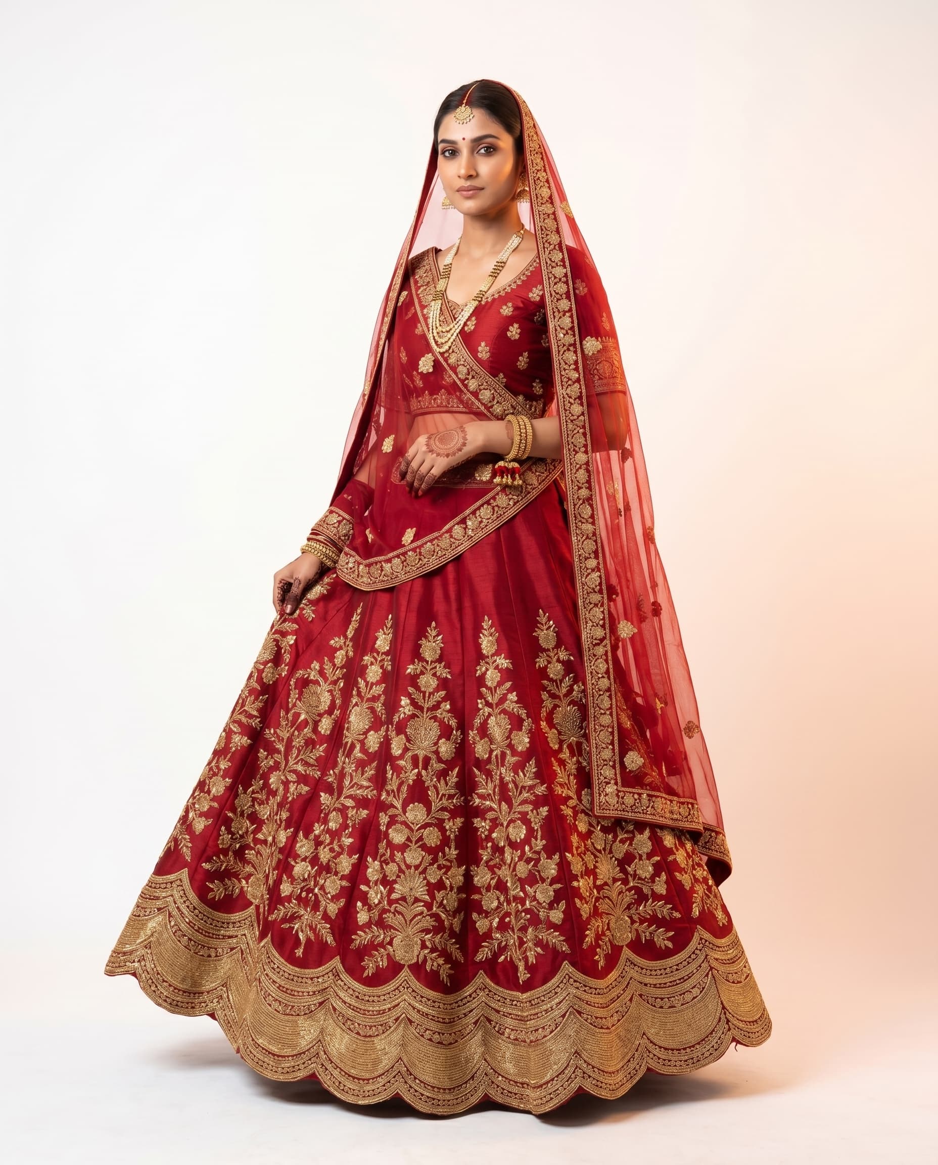 Indian model in red-and-gold bridal lehenga with suhag jewelry — Karva Chauth catalog