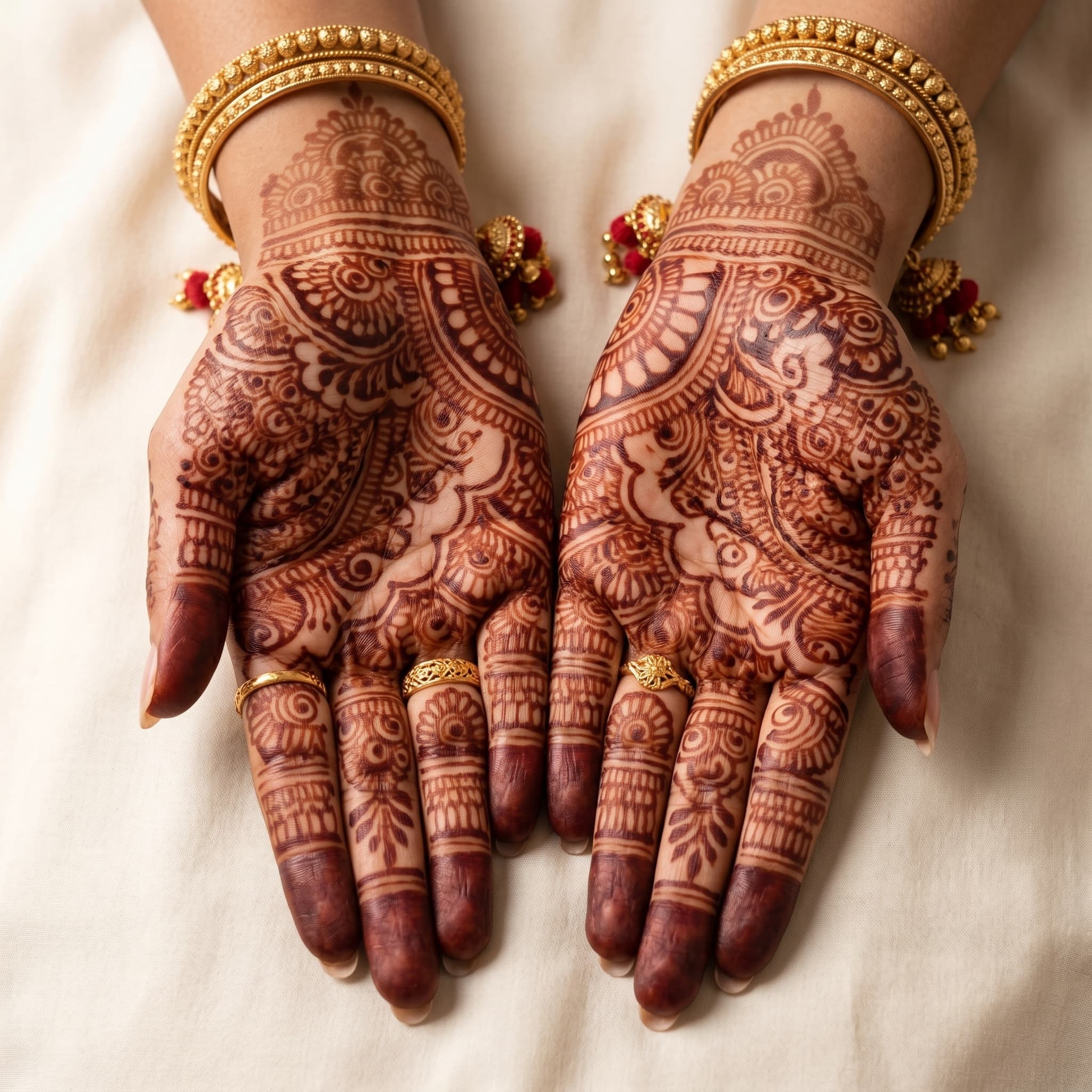 Close-up detail of mehendi hands — Karva Chauth catalog detail shot